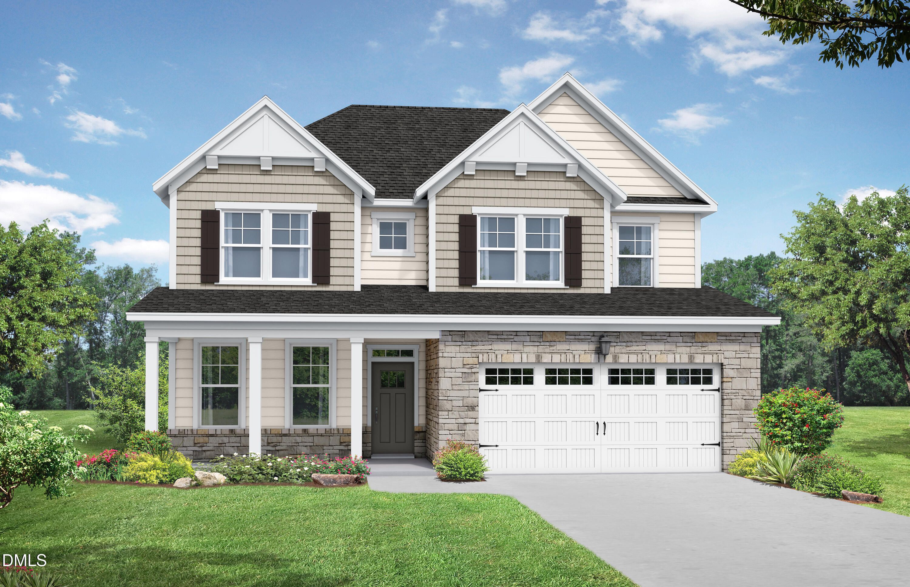Modern 2-story beige home with front porch, 2-car garage, and landscaping in Woodland Crossing, Zebulon, NC - Davidson Homes Willow D