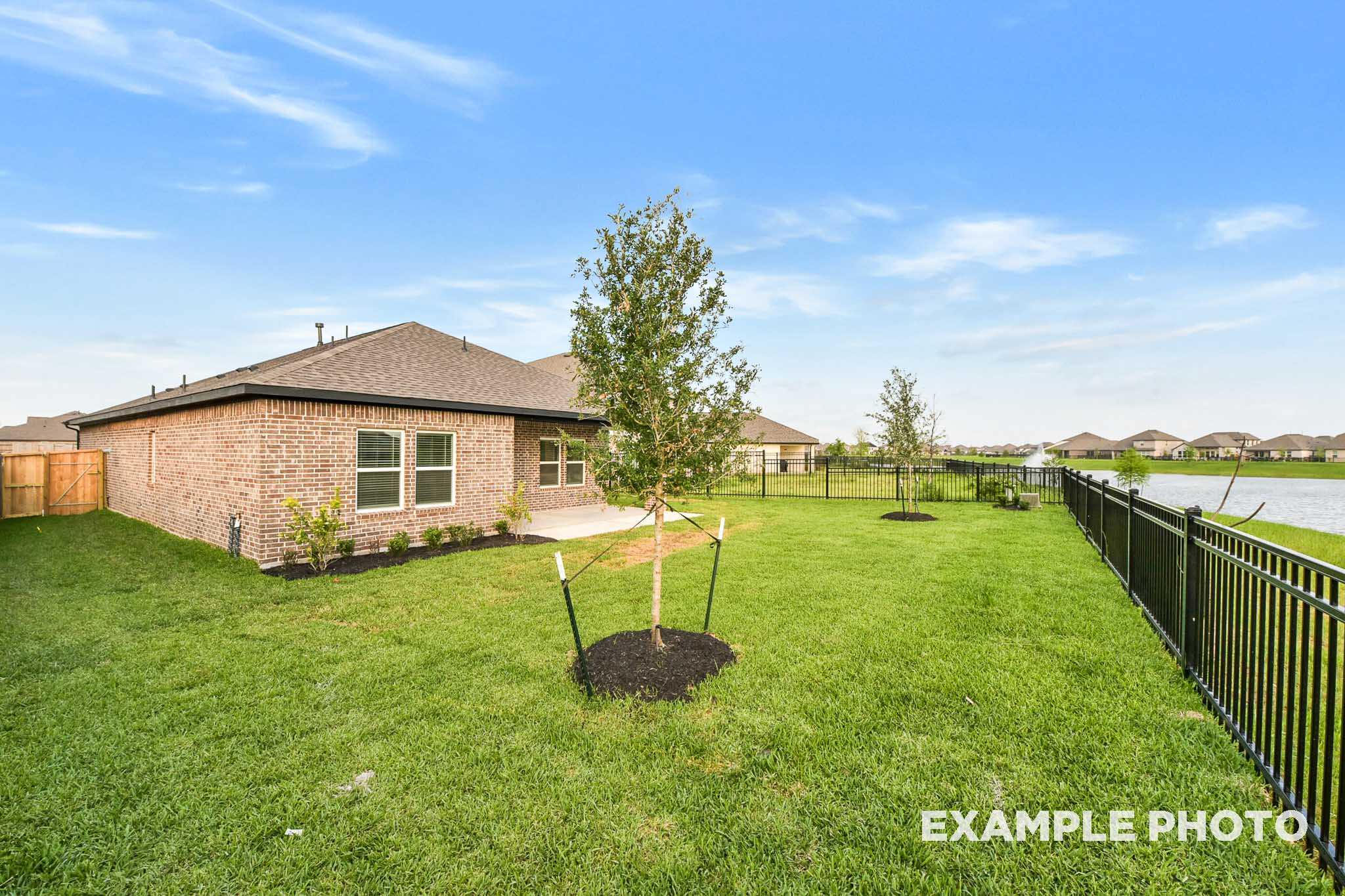 Backyard view of The Laguna B 3-bedroom single-story home with covered patio, green lawn, young trees, and black fence by pond in Beasley, Texas