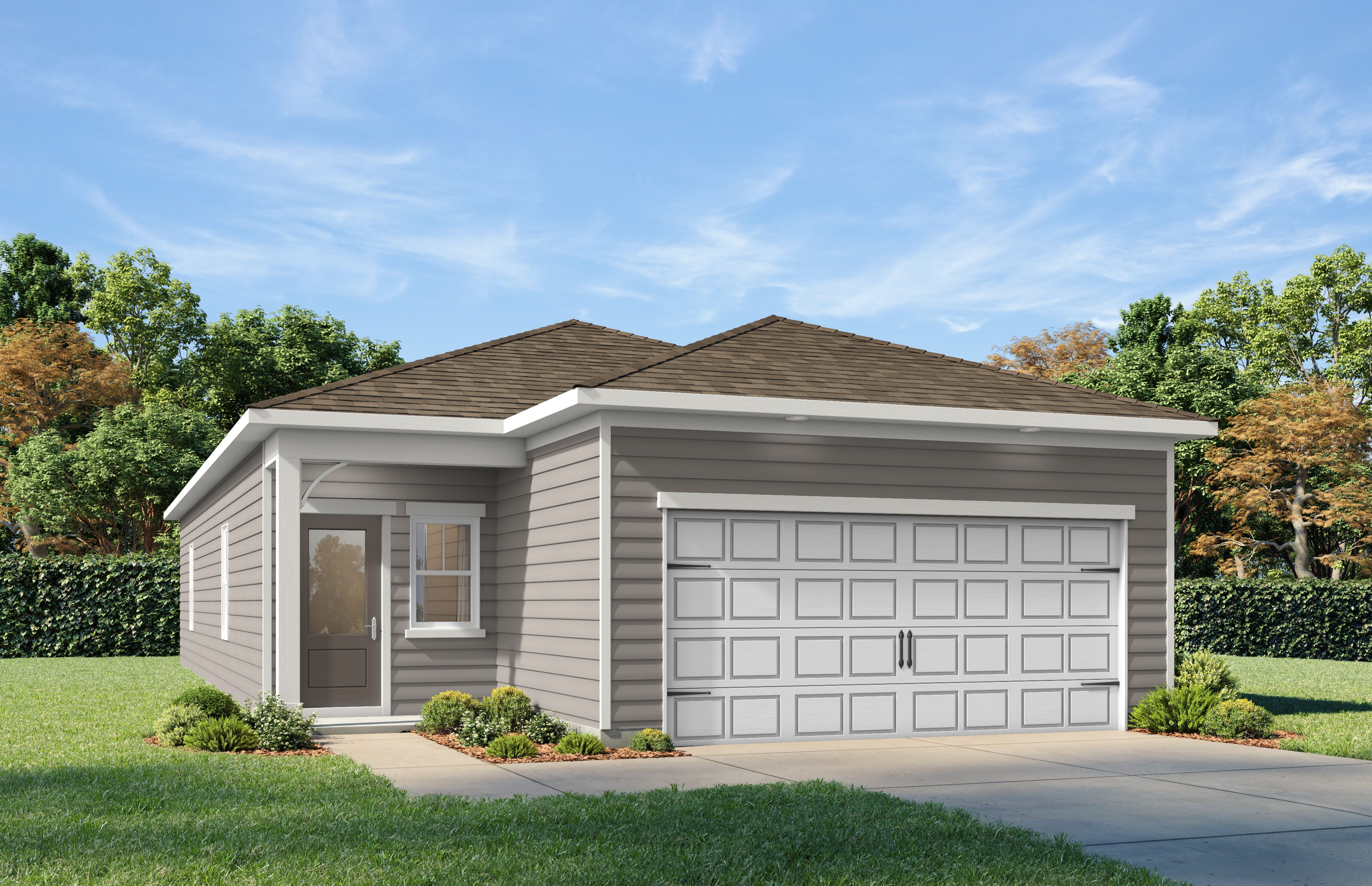 Front elevation of The Oconee A 3-bedroom single-story home with gray siding, shingled roof, 2-car garage, and landscaped yard in Canton, Georgia