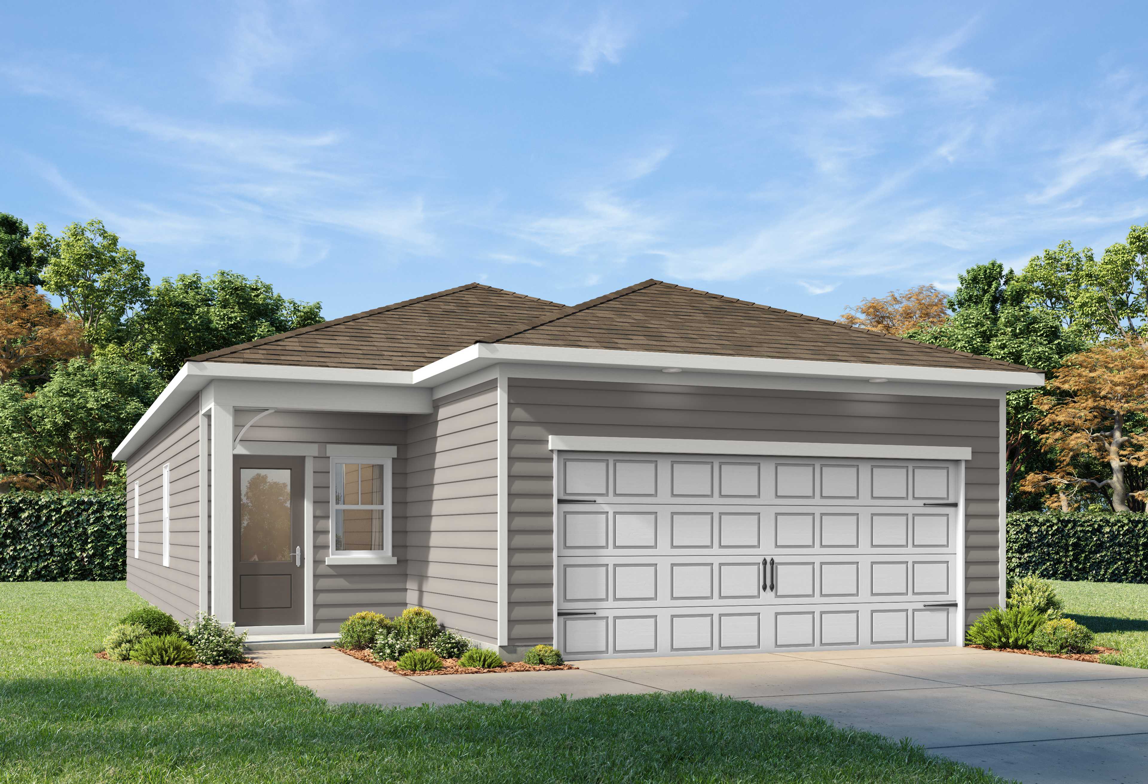 Front elevation of The Oconee A 3-bedroom single-story home with gray siding, shingled roof, 2-car garage, and landscaped yard in Canton, Georgia