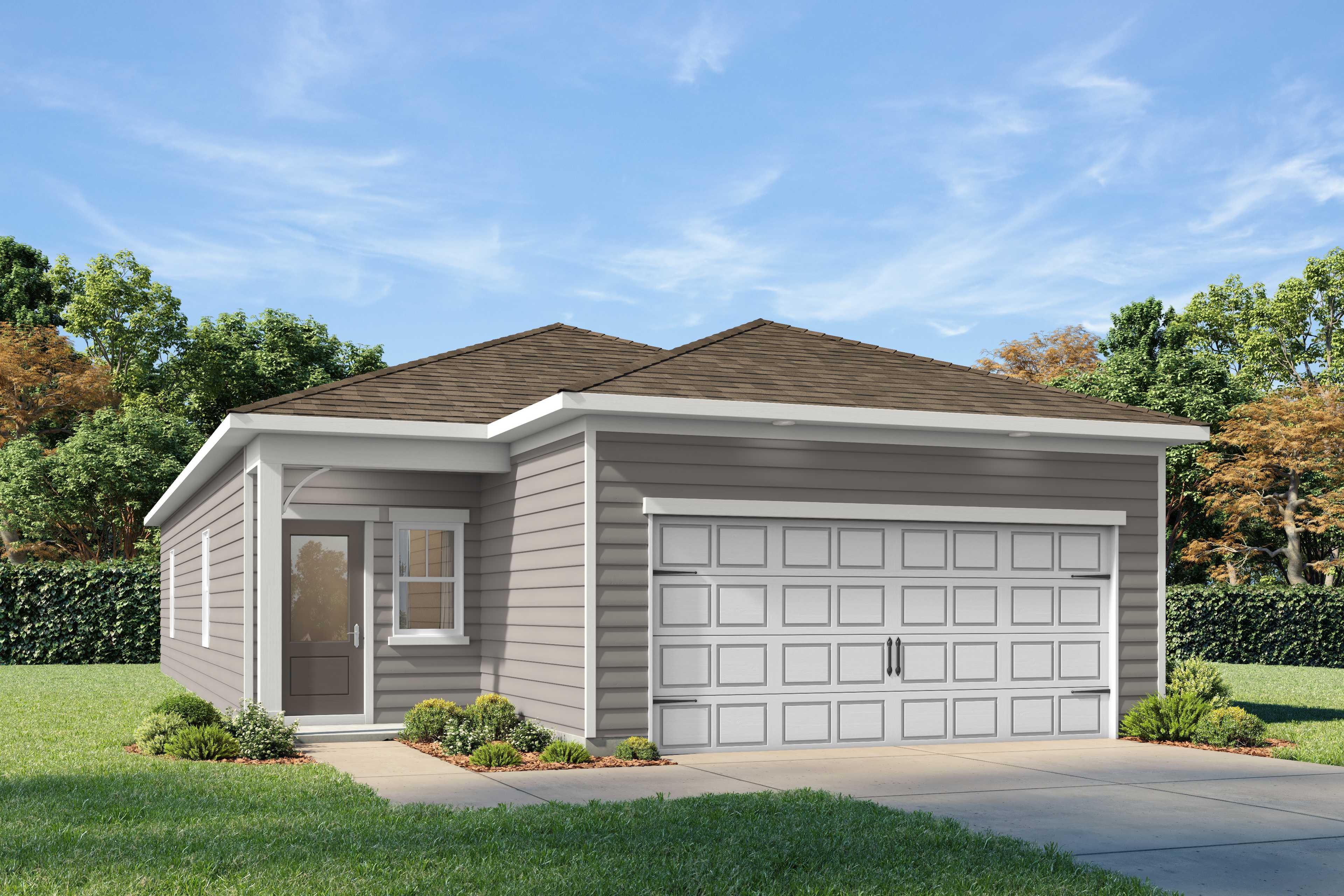 Front elevation of The Oconee A 3-bedroom single-story home with gray siding, shingled roof, 2-car garage, and landscaped yard in Canton, Georgia
