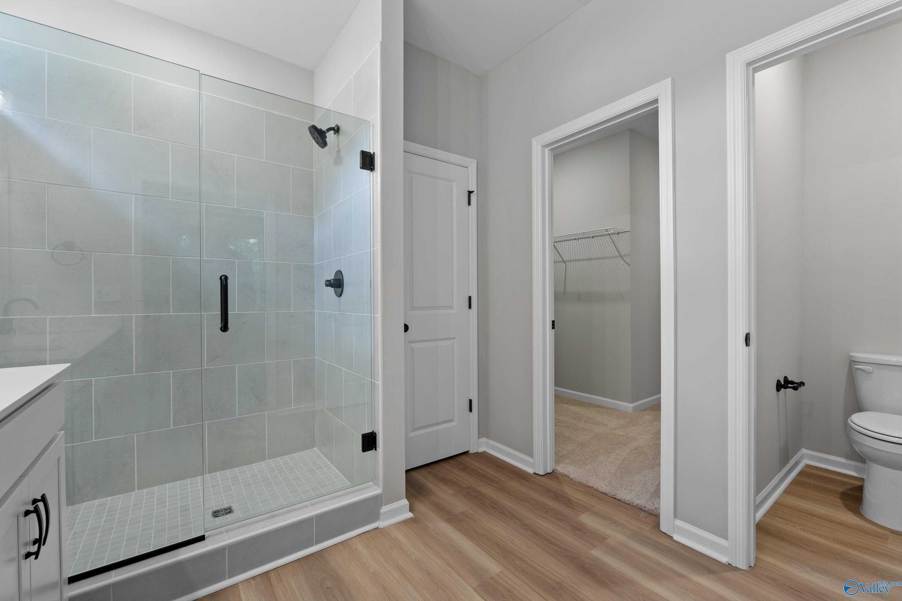Modern master bathroom featuring frameless glass shower, dual vanity, and adjacent walk-in closet in The Phoenix by Davidson Homes, Hazel Green, Alabama