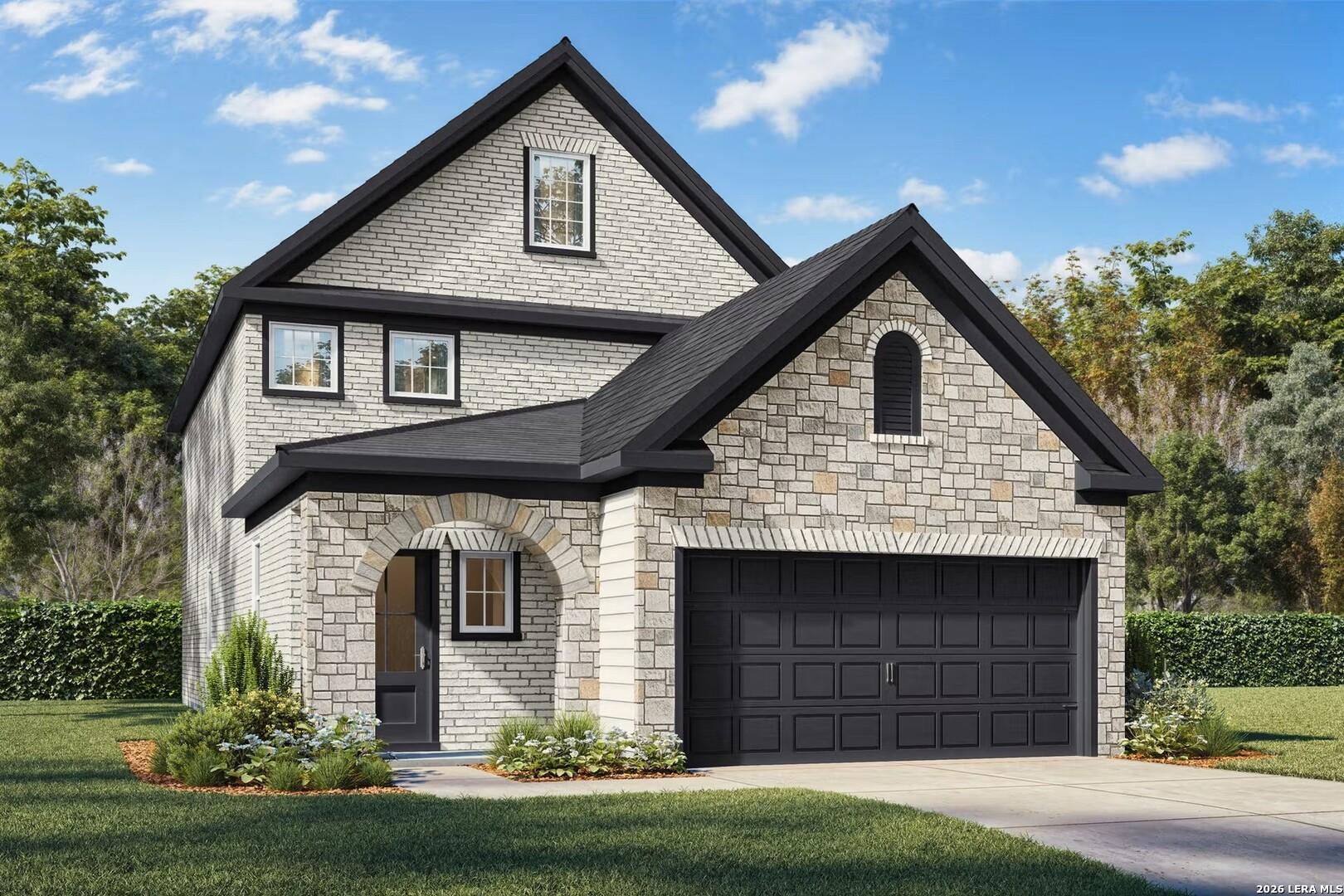 Two-story, 5-bedroom San Marcos J floor plan by Davidson Homes with stone exterior and 2-car garage in Bricewood, SA.