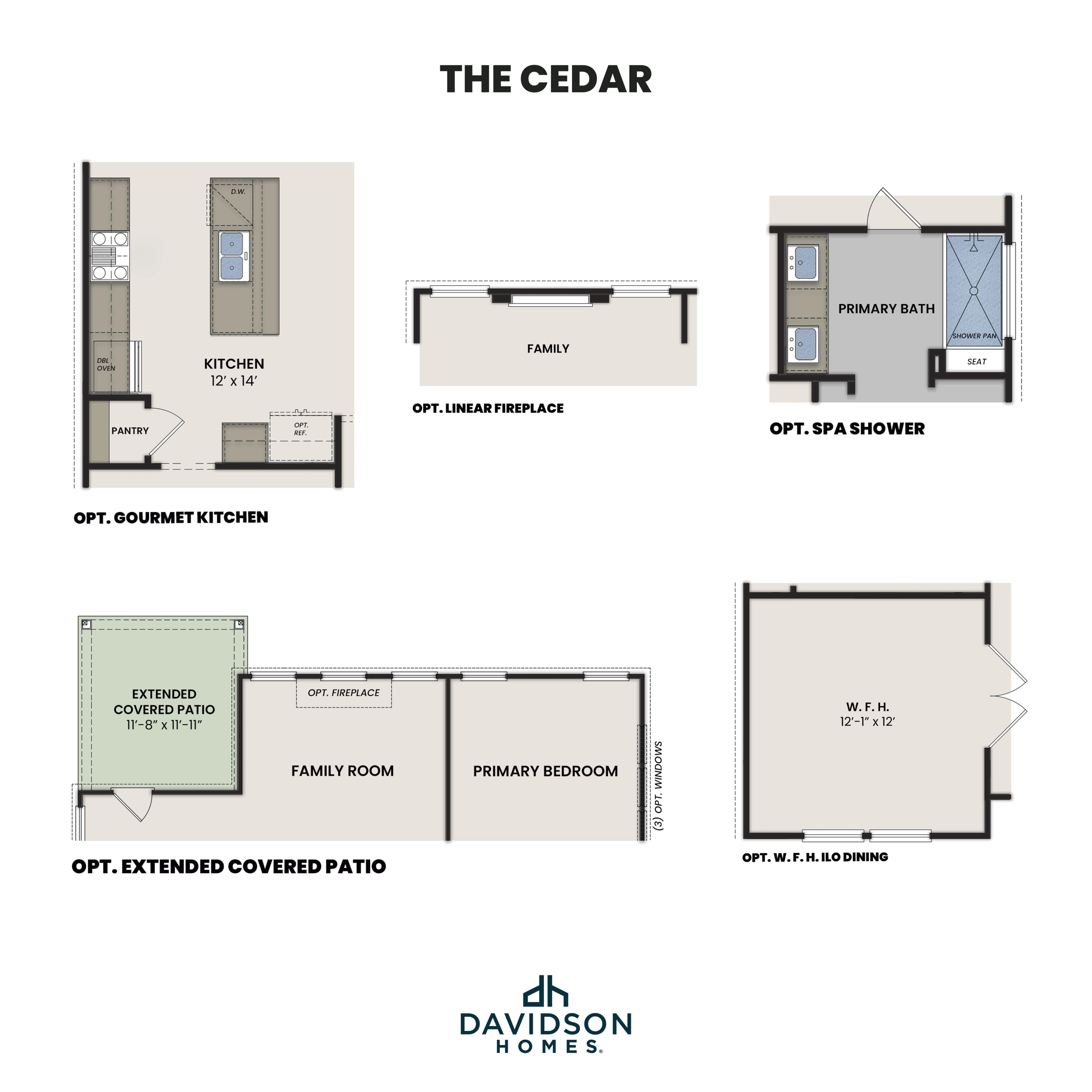 The Cedar main floor plan by Davidson Homes featuring gourmet kitchen, family room with linear fireplace, and primary suite with spa shower