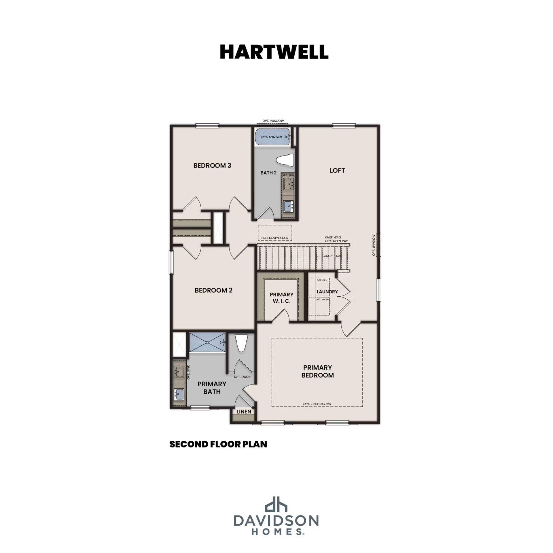 Second floor plan of Hartwell B craftsman home: primary suite with bath, bedrooms 2-3, loft, laundry in The Bluffs, Canton, GA