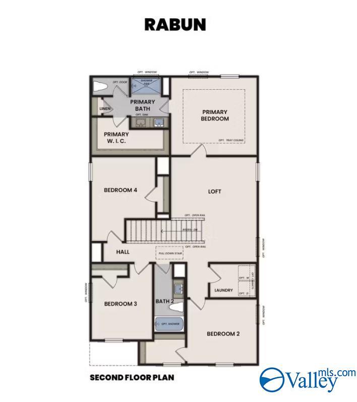 Second floor plan of The Rabun B by Davidson Homes featuring a primary suite, three bedrooms, loft, and laundry in Bailey Park.