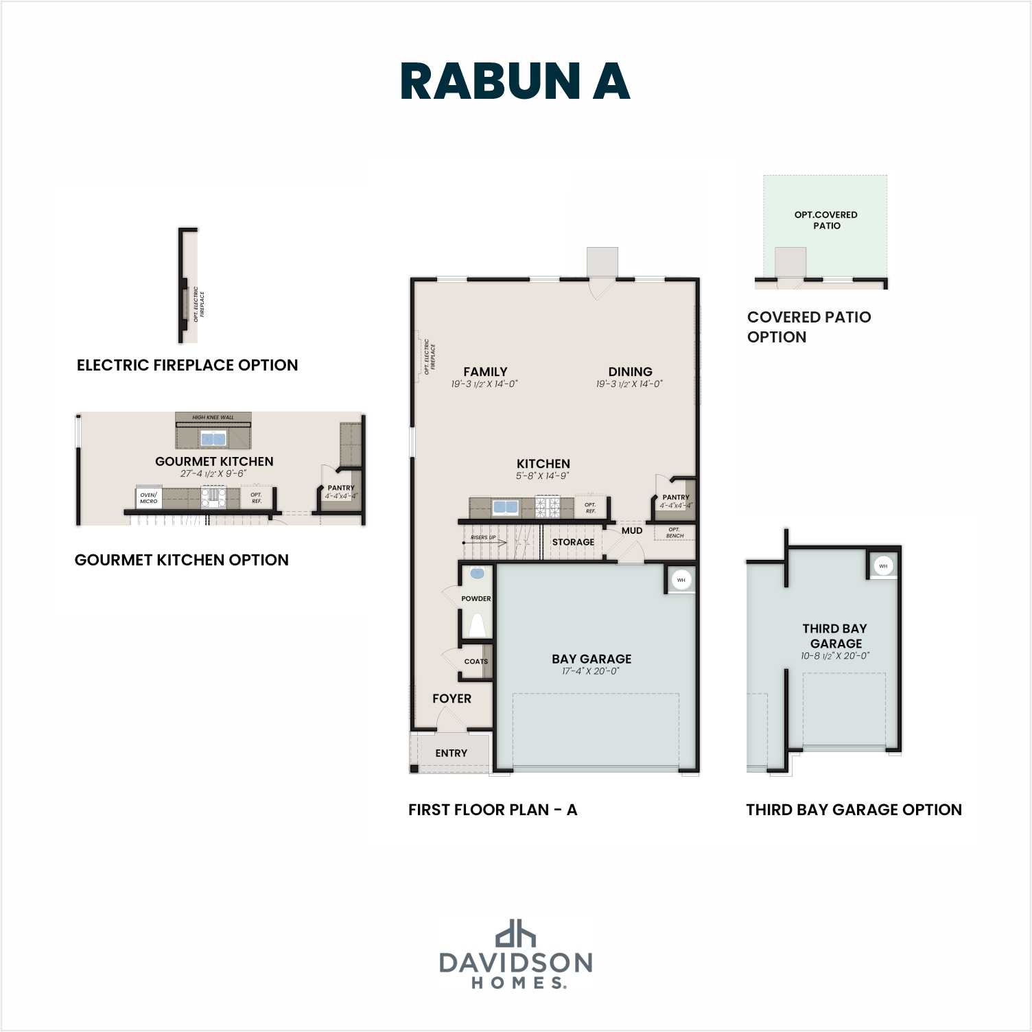 First floor plan of Rabun A by Davidson Homes: open family room, dining area, gourmet kitchen option, and 2-bay garage
