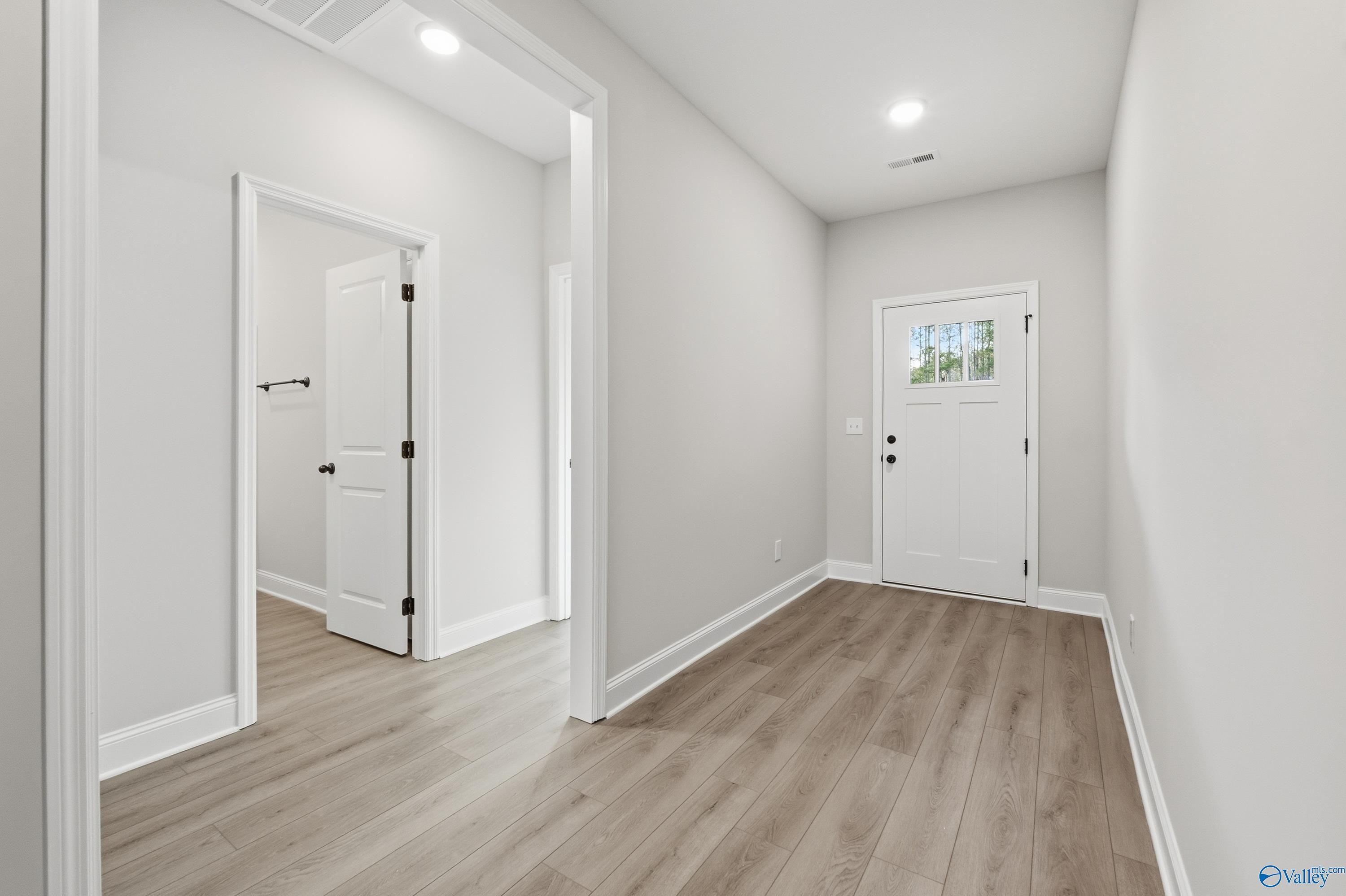 Bright entry hallway with light gray walls, white doors, and luxury vinyl plank flooring in The Daphne D home, Arab, Alabama
