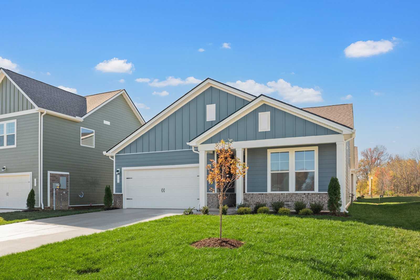 Modern blue single-story home with 2-car garage, young tree, and lush green lawn in Sage Farms, White House, Tennessee - Davidson Homes Franklin B