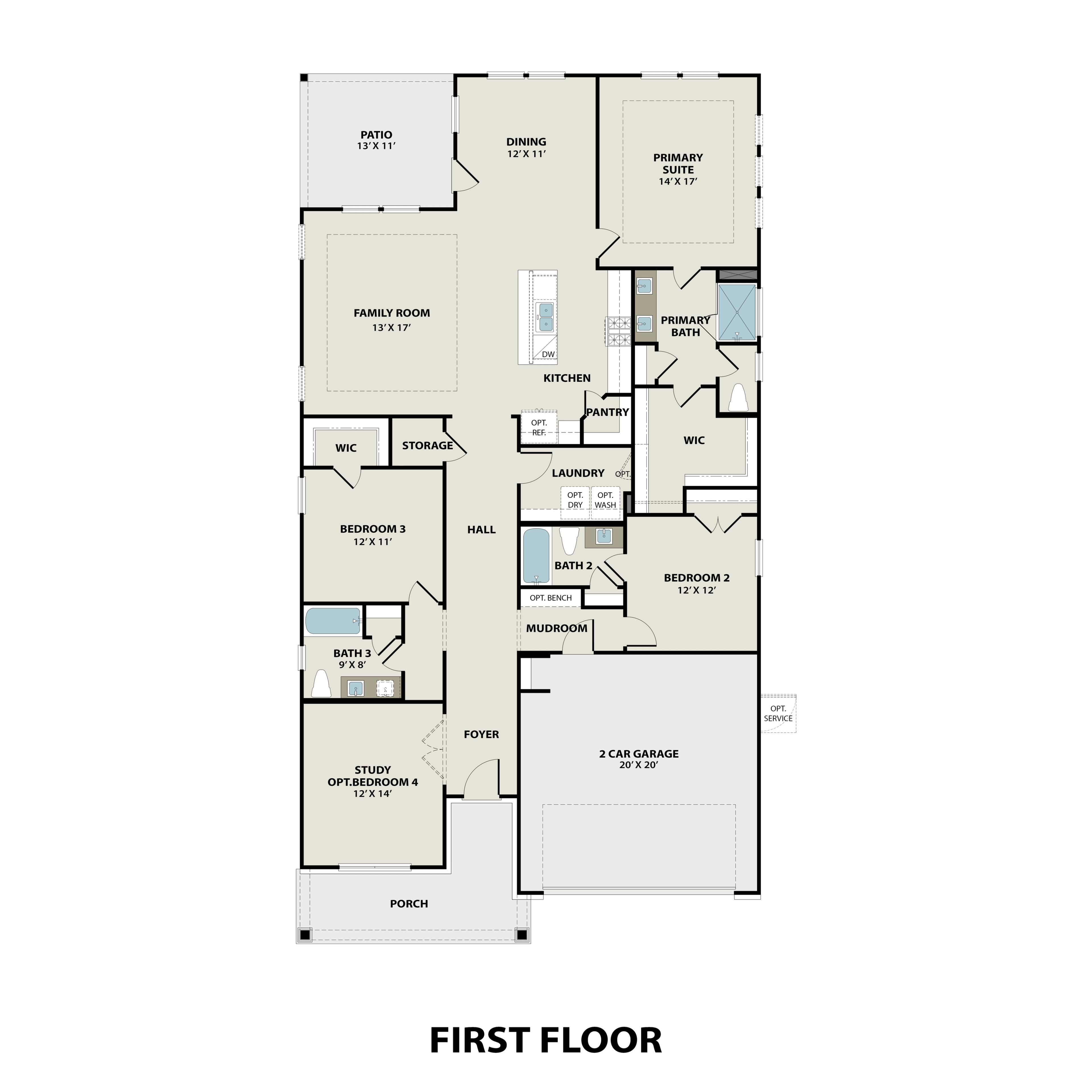First floor plan of The Everett E showcasing 3-4 bedrooms, open kitchen-family room, primary suite, study, and 2-car garage