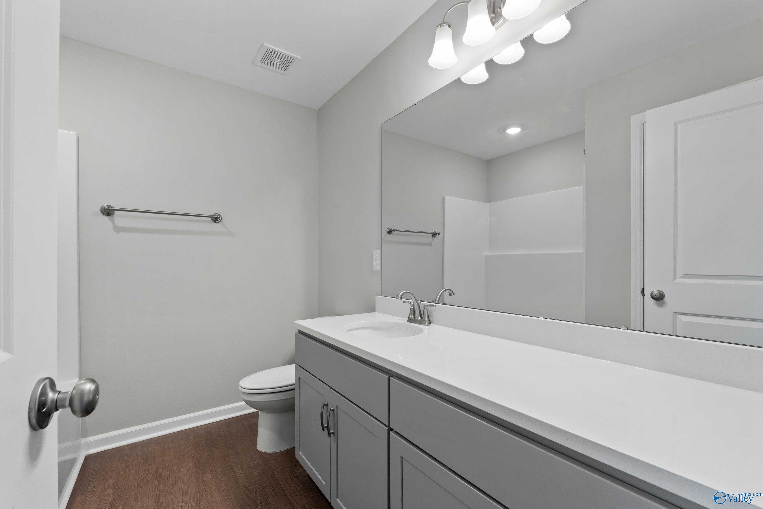 Modern half bathroom with gray cabinets, white quartz countertop, large mirror, and walk-in shower in Davidson Homes The Dorado, Athens AL