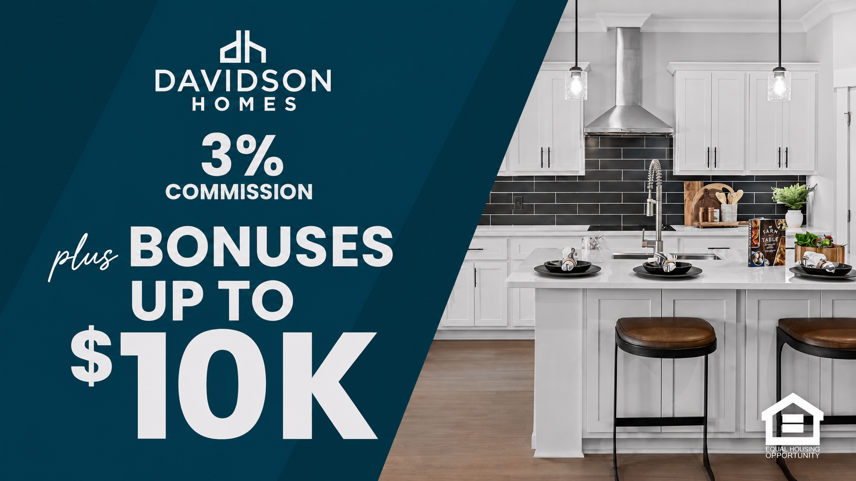 Modern kitchen with Davidson Homes branding highlighting a 3% realtor commission and a $10,000 bonus incentive.