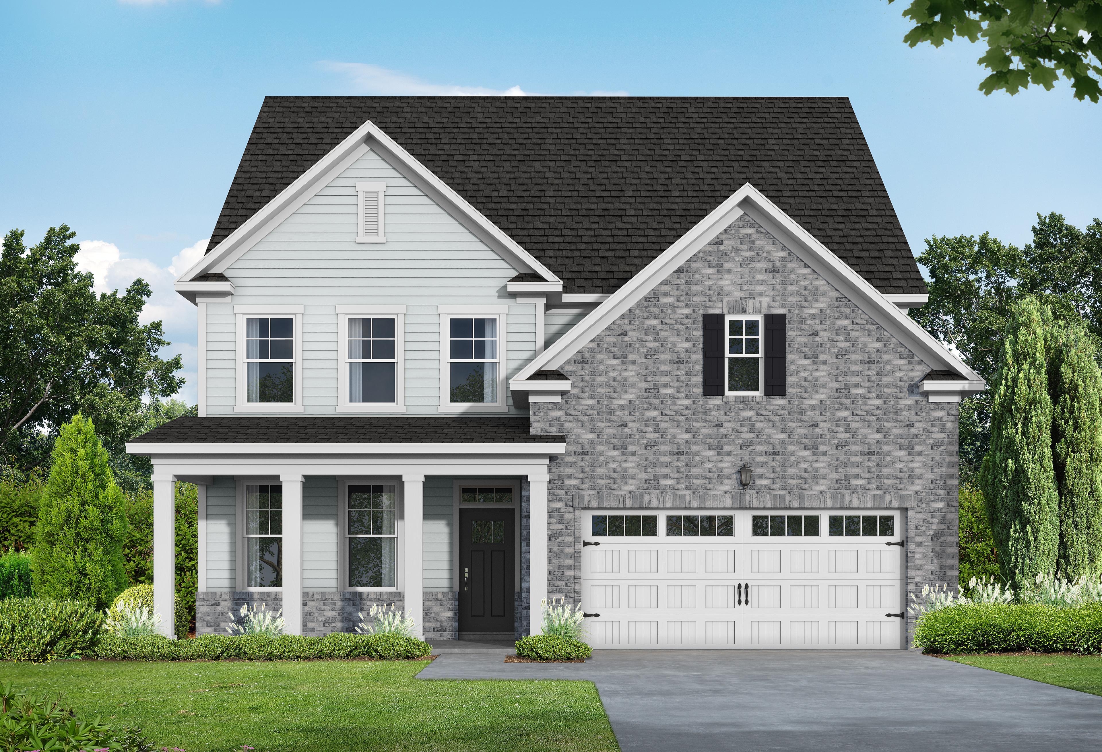 Hickory II two-story home elevation by Davidson Homes with stone accents, siding exterior, covered porch, two-car garage in Lillington NC