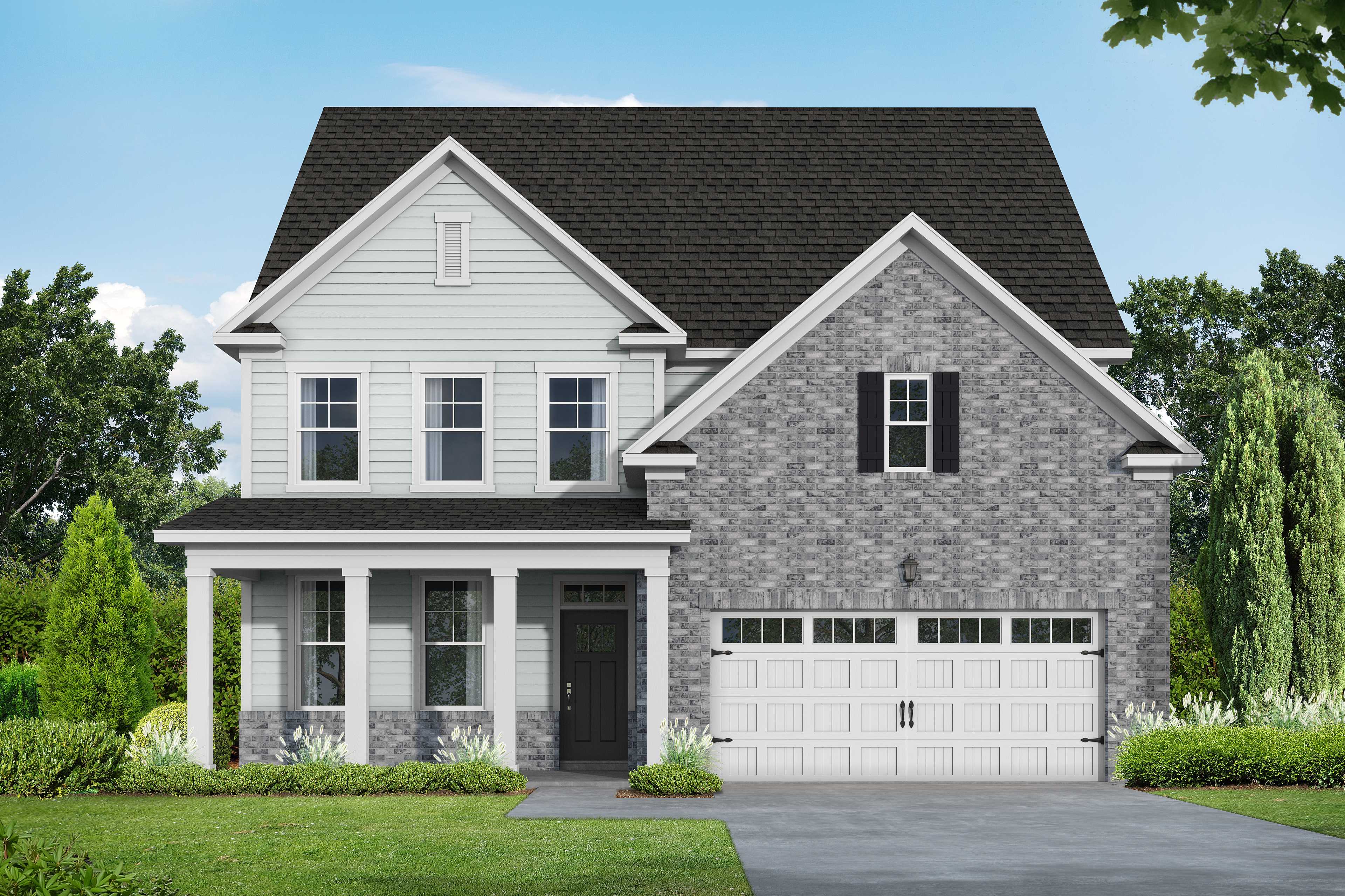 Hickory II two-story home elevation by Davidson Homes with stone accents, siding exterior, covered porch, two-car garage in Lillington NC