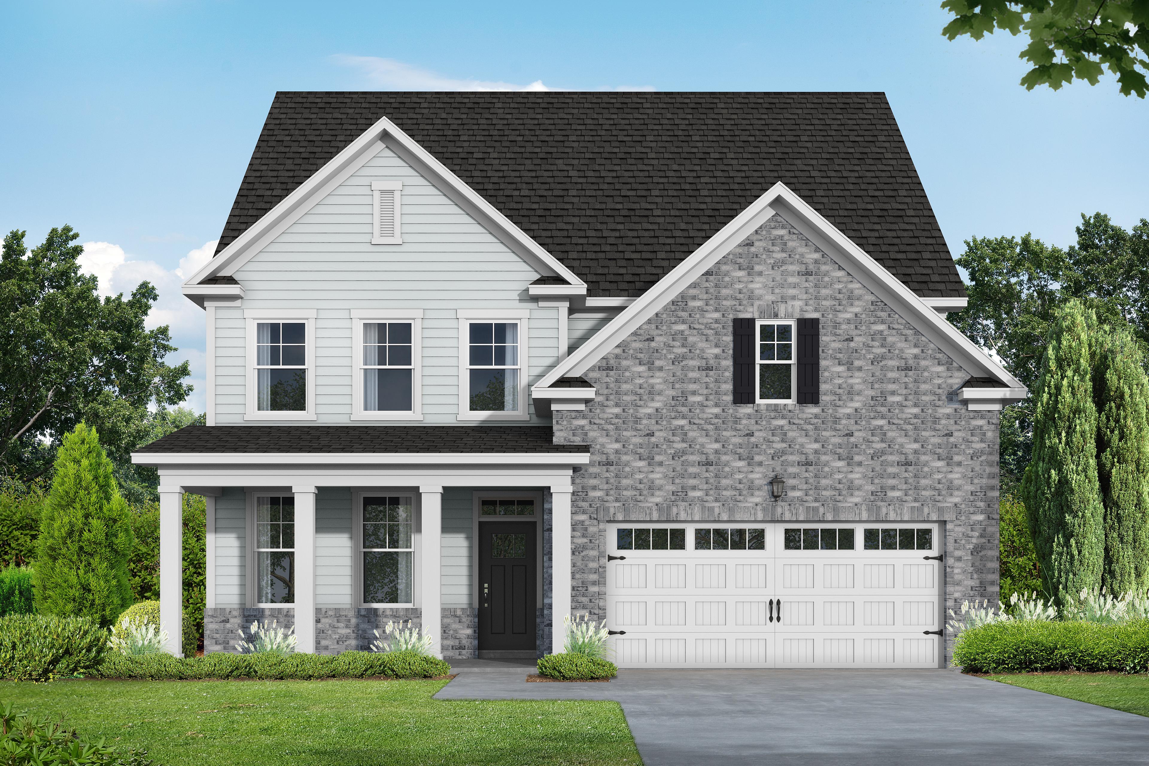 Hickory II two-story home elevation by Davidson Homes with stone accents, siding exterior, covered porch, two-car garage in Lillington NC