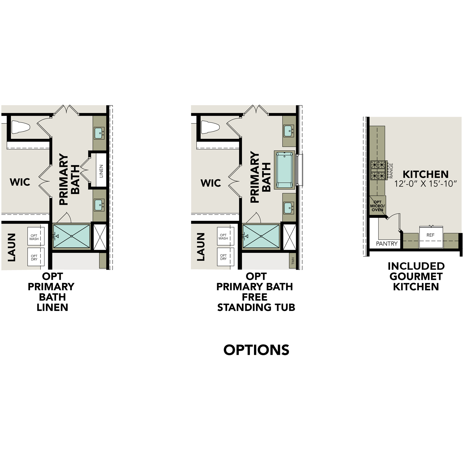 Primary suite layout in The Jennings G featuring master bath, walk-in closet, optional laundry, and 12x15 gourmet kitchen