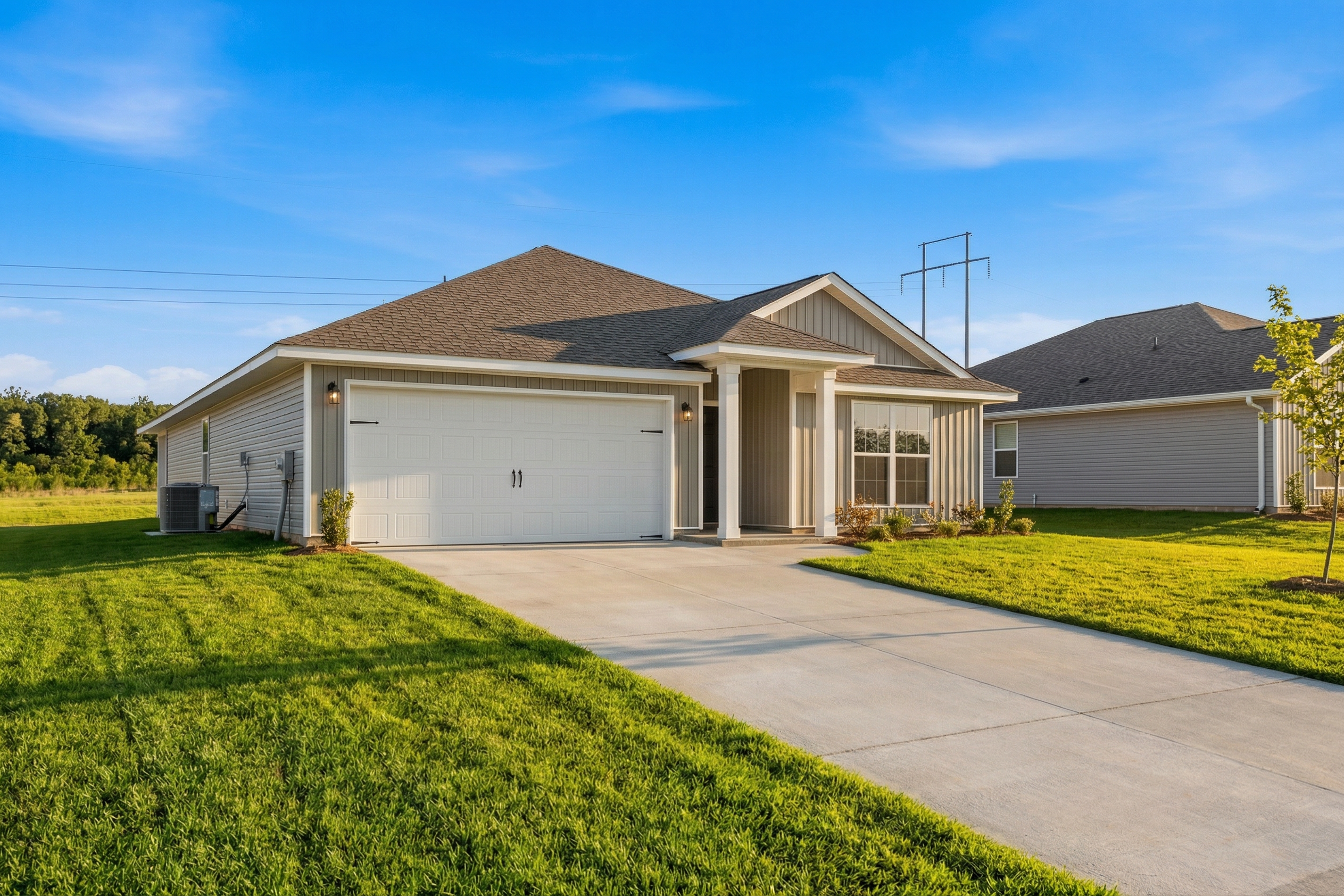 Modern single-story The Daphne V home elevation with beige siding, shingled roof, 2-car garage, and landscaped yard in Meridianville