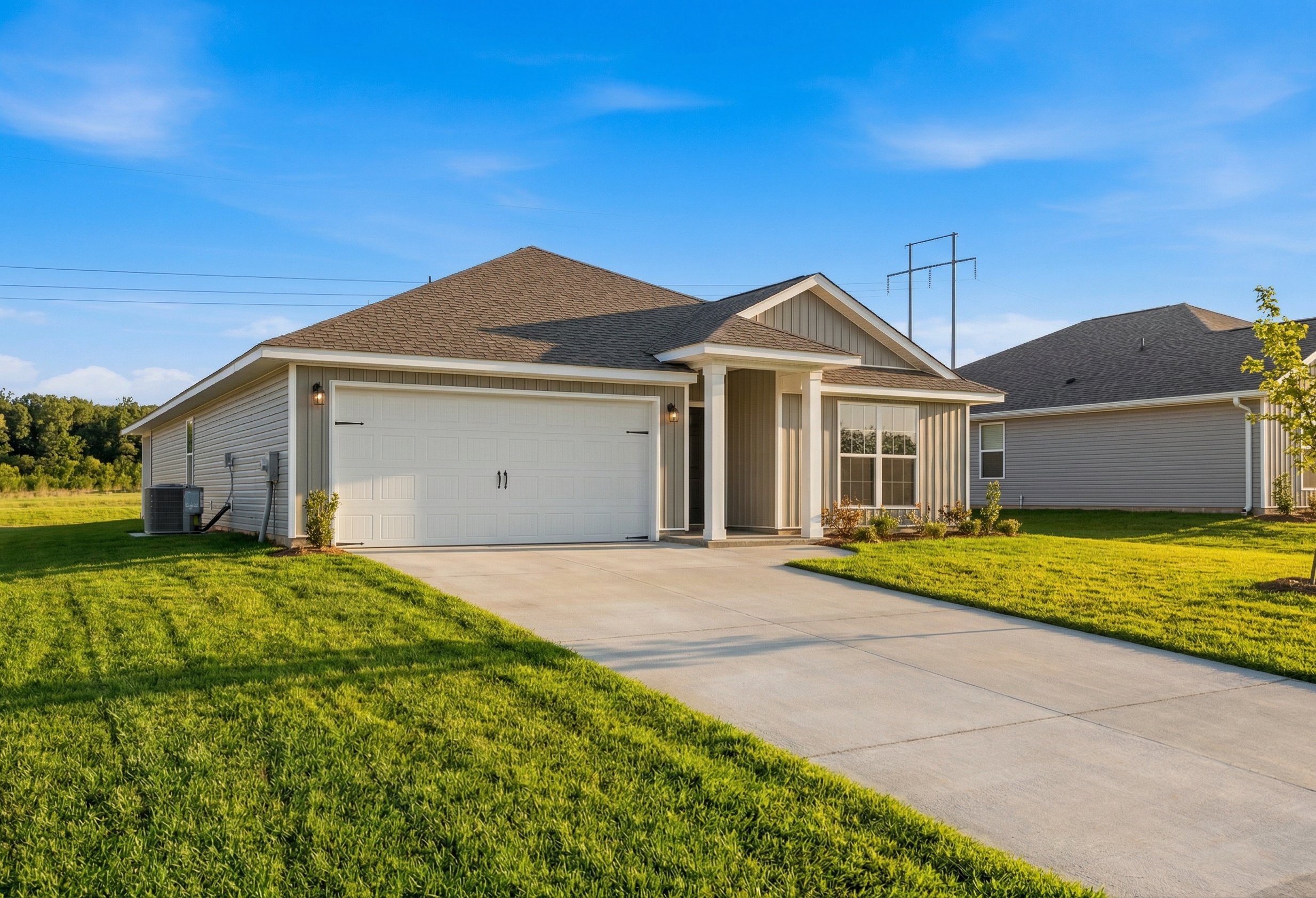Modern single-story The Daphne V home elevation with beige siding, shingled roof, 2-car garage, and landscaped yard in Meridianville