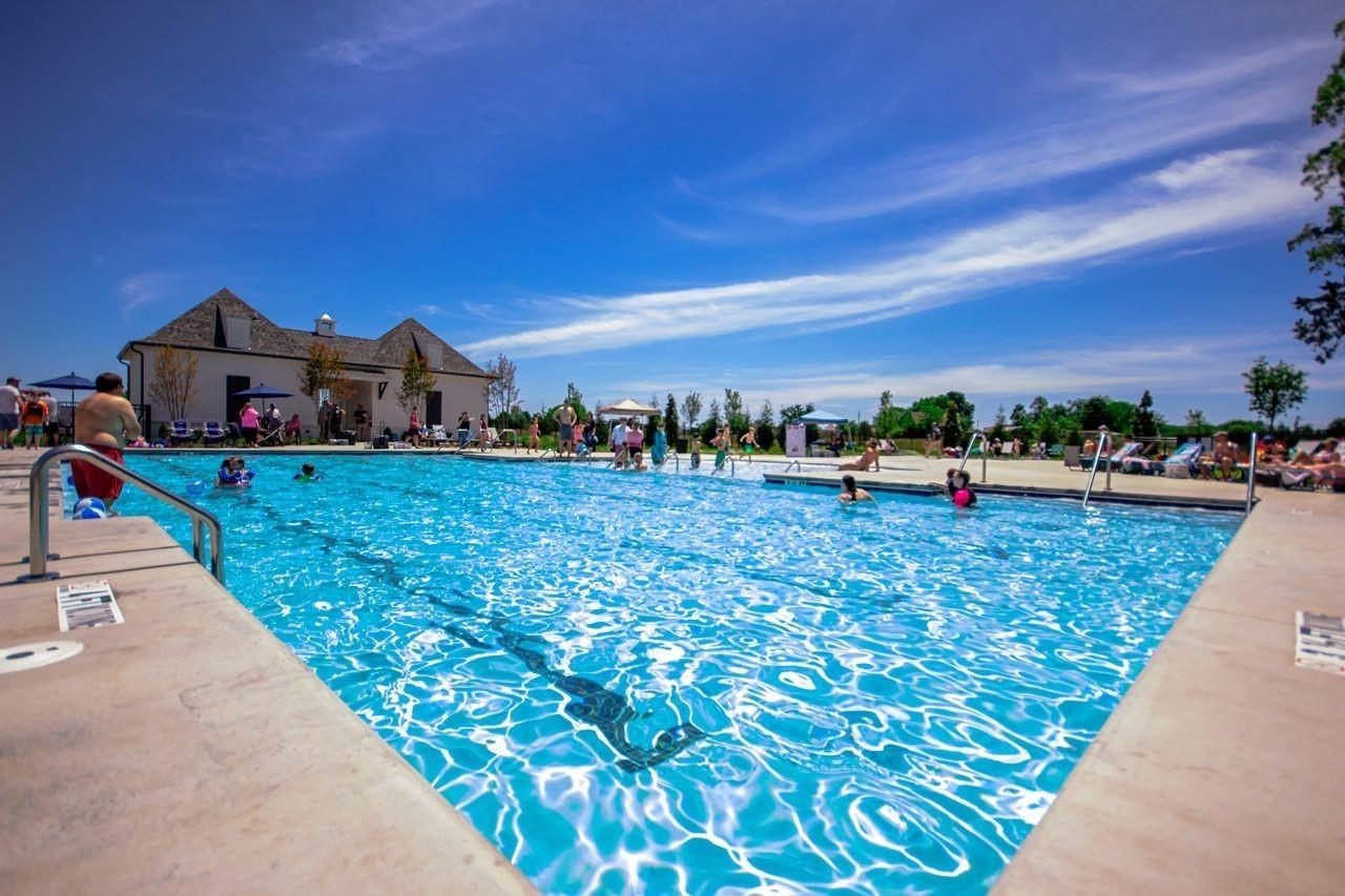 Vibrant community swimming pool with swimmers, lounge chairs, and clubhouse in Shelton Square, Murfreesboro, Tennessee