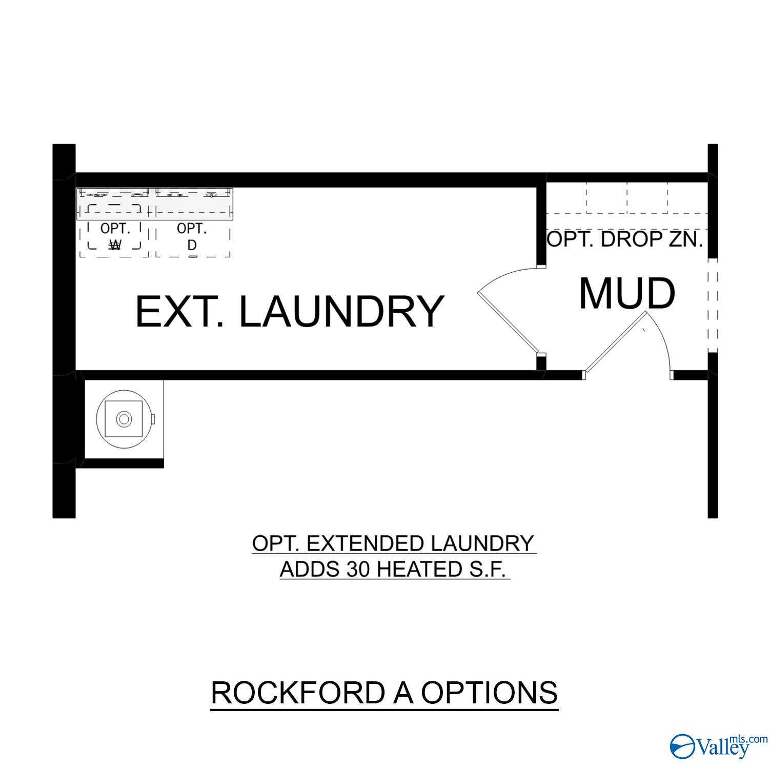 Rockford A floor plan options: extended laundry adding 30 sq ft, mud room, drop zone in Davidson Homes, Toney, Alabama