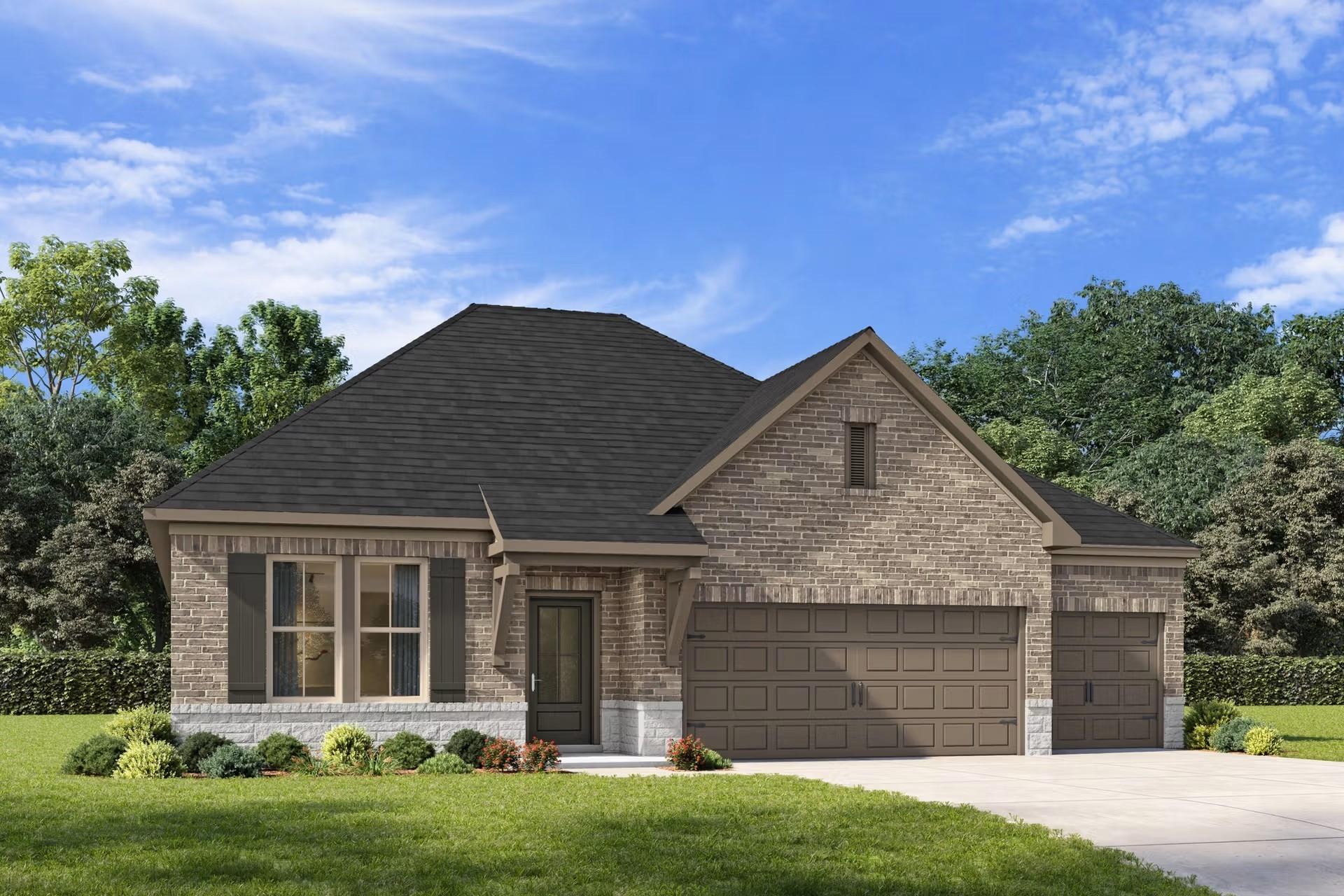 The Laurel M floor plan by Davidson Homes, a 1-story brick house with a 2-car garage in Parks at Foster Crossing, Anna, TX.
