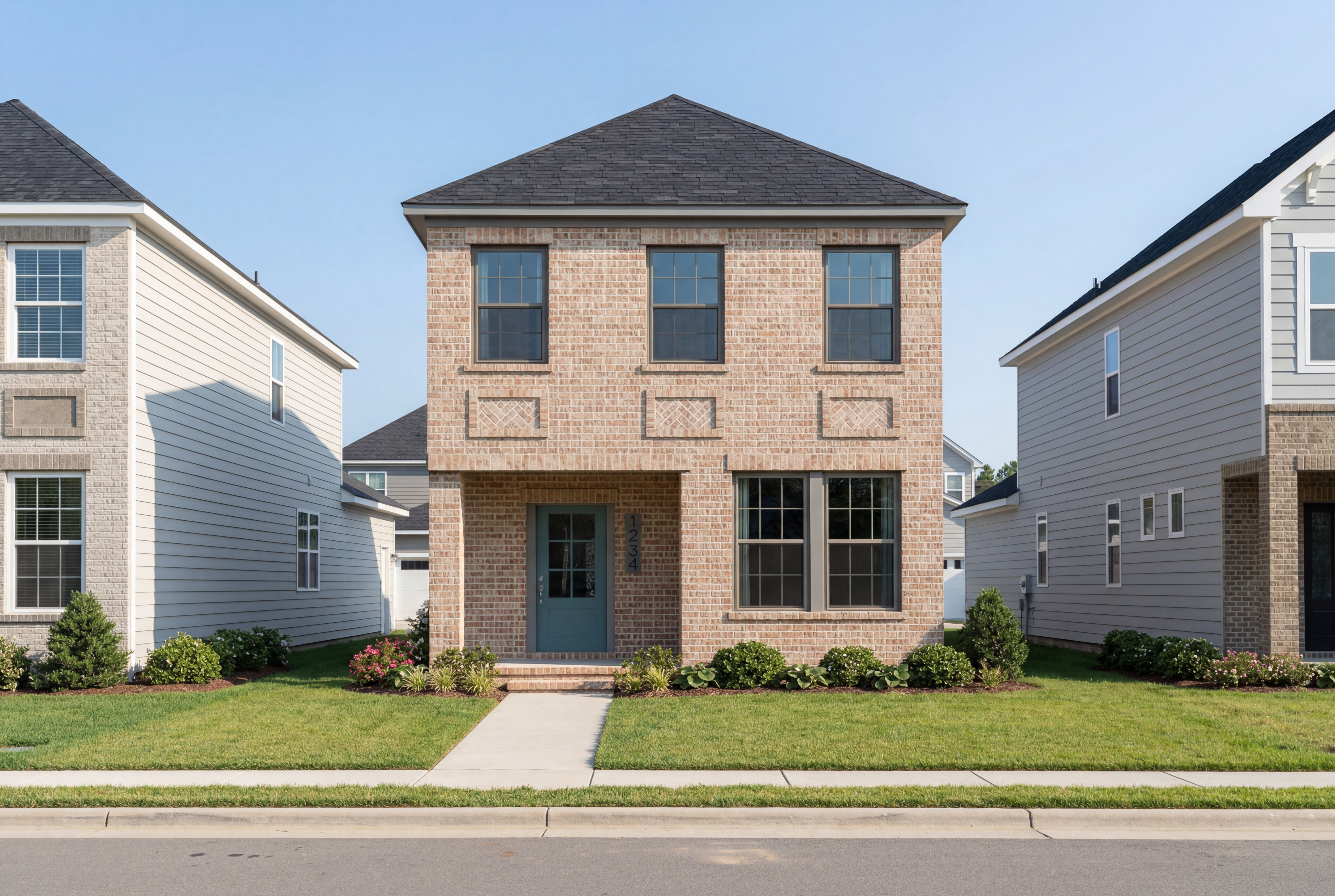 Two-story brick Burke E home elevation by Davidson Homes in Knightdale NC, dark shingled roof, blue door, landscaped yard