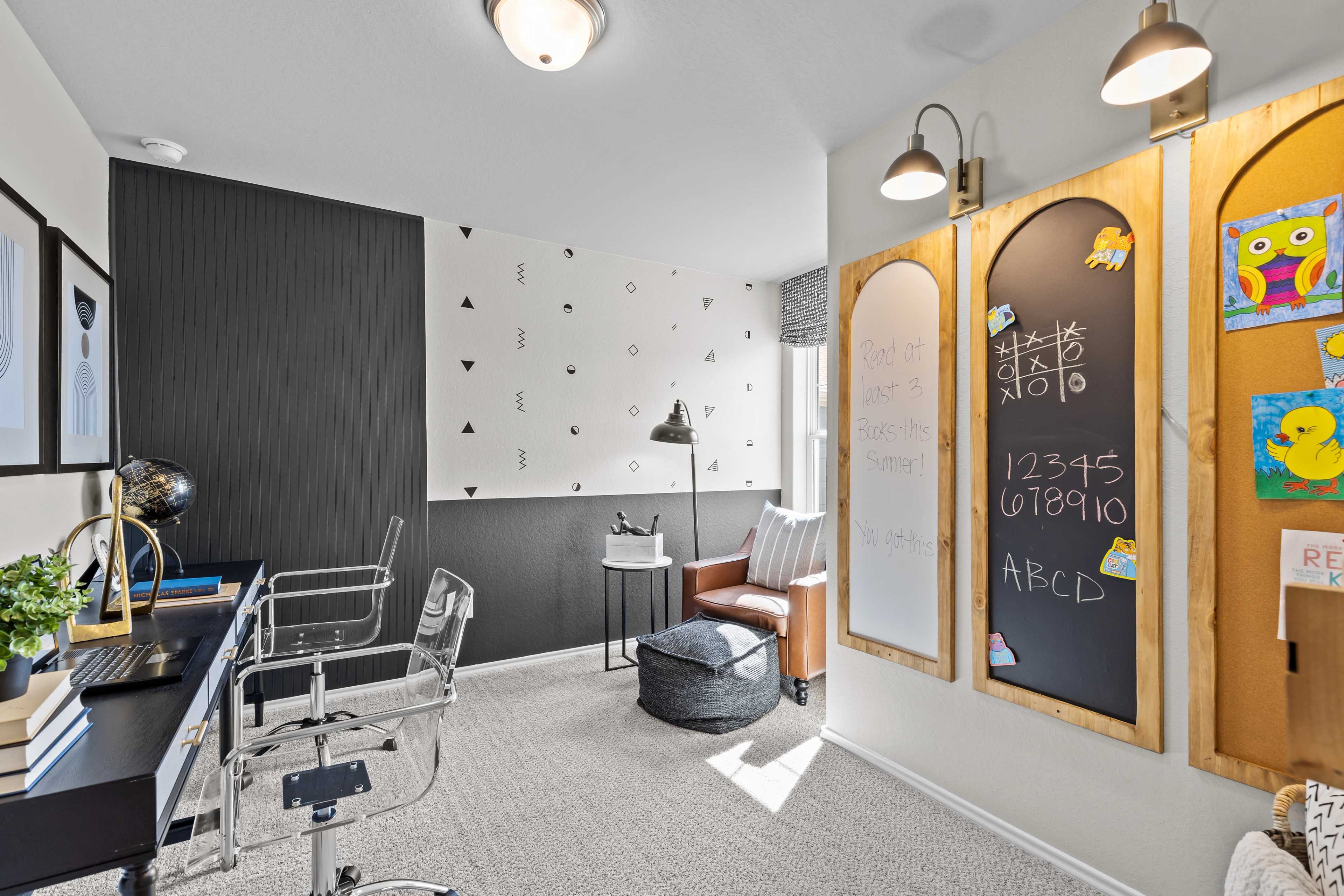 Children's study nook at Applewhite Meadows in San Antonio TX by Davidson Homes with chalkboard walls, geometric accents and ergonomic desk