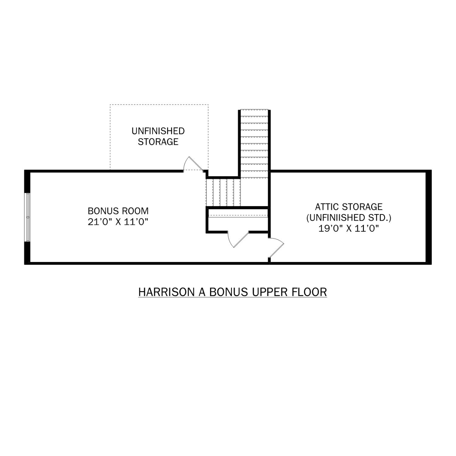 Upper floor plan of The Harrison with Bonus featuring 21x11 bonus room, attic storage, and unfinished areas by Davidson Homes