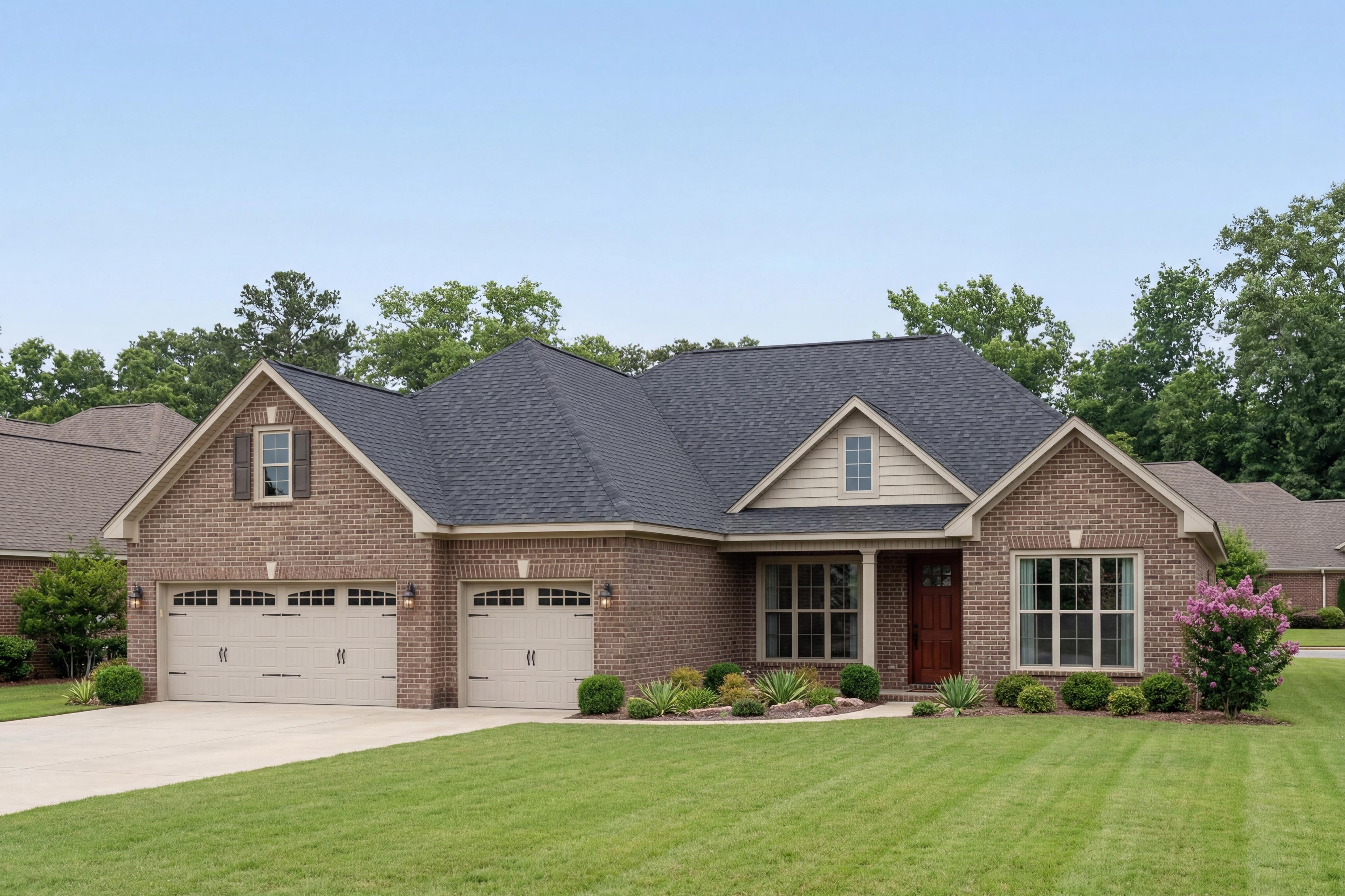 The Finleigh single-family home in Meridianville, AL featuring a brick exterior, 3-car garage, and 1-story design.