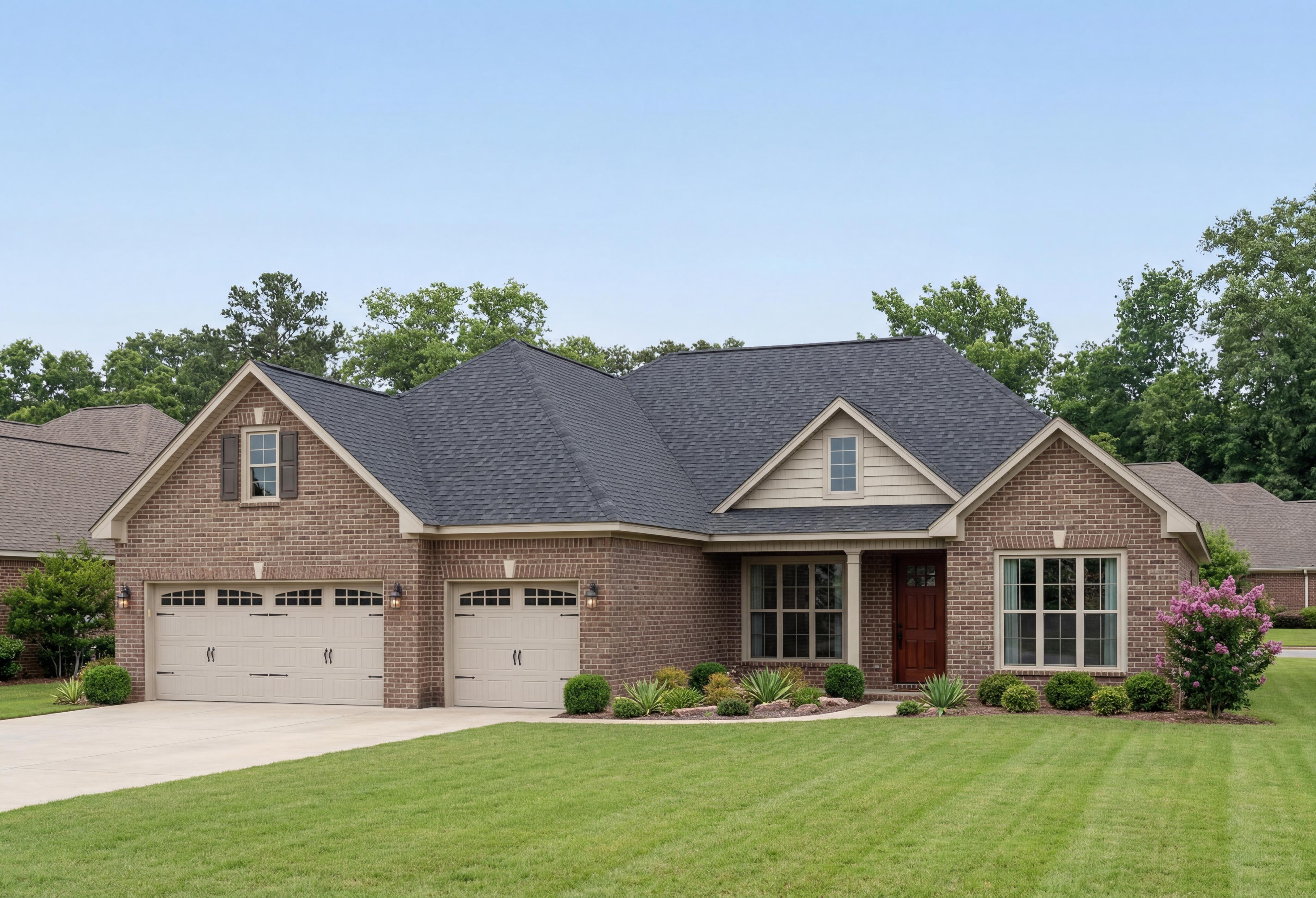 The Finleigh single-family home in Meridianville, AL featuring a brick exterior, 3-car garage, and 1-story design.