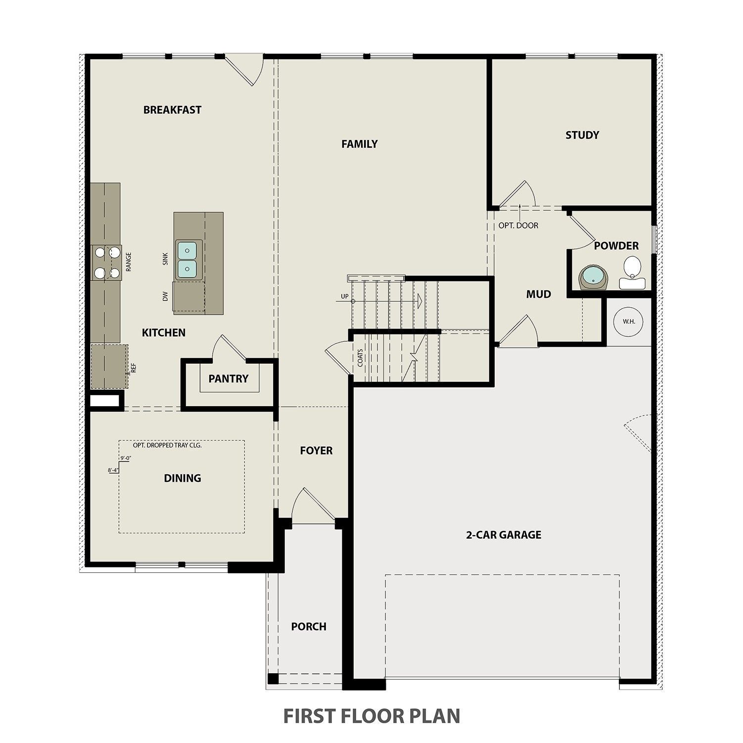 First floor plan of Davidson Homes The Willow C in Woods Crossing, Gallatin, TN showing open kitchen, family room, study, and 2-car garage