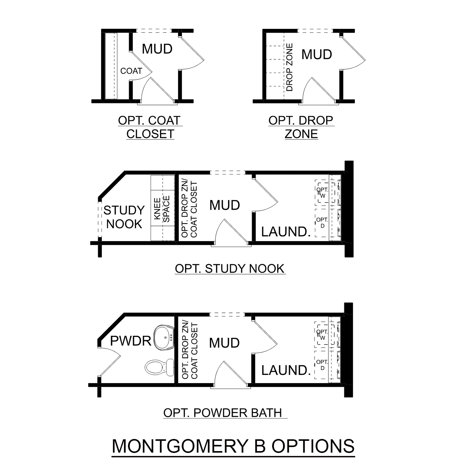 The Montgomery B floor plan detailing mudroom, drop zone, study nook, laundry room, and optional powder bath