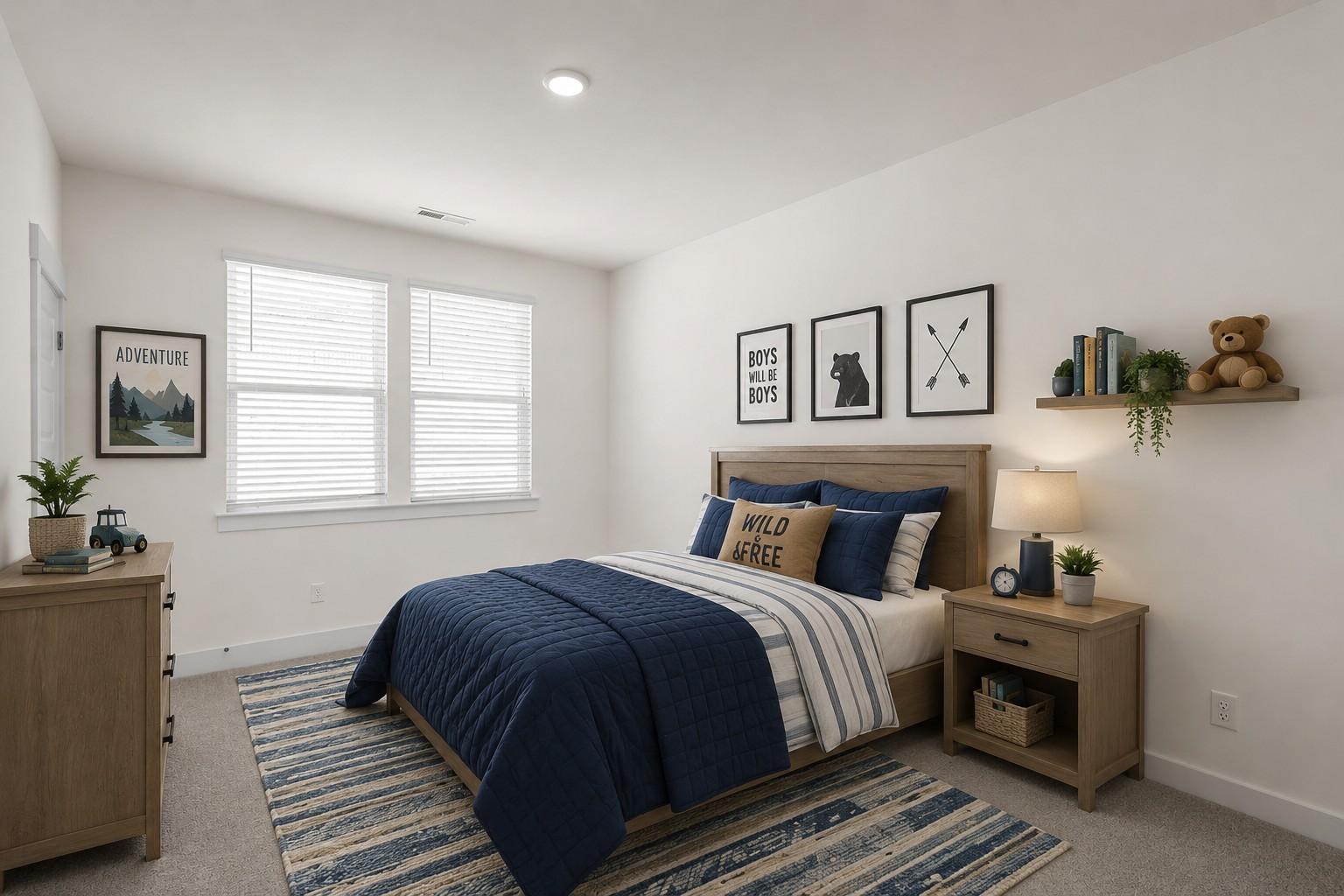 Cozy bedroom with blue bedding in The Willow floor plan at Woods Crossing, Gallatin, Tennessee.