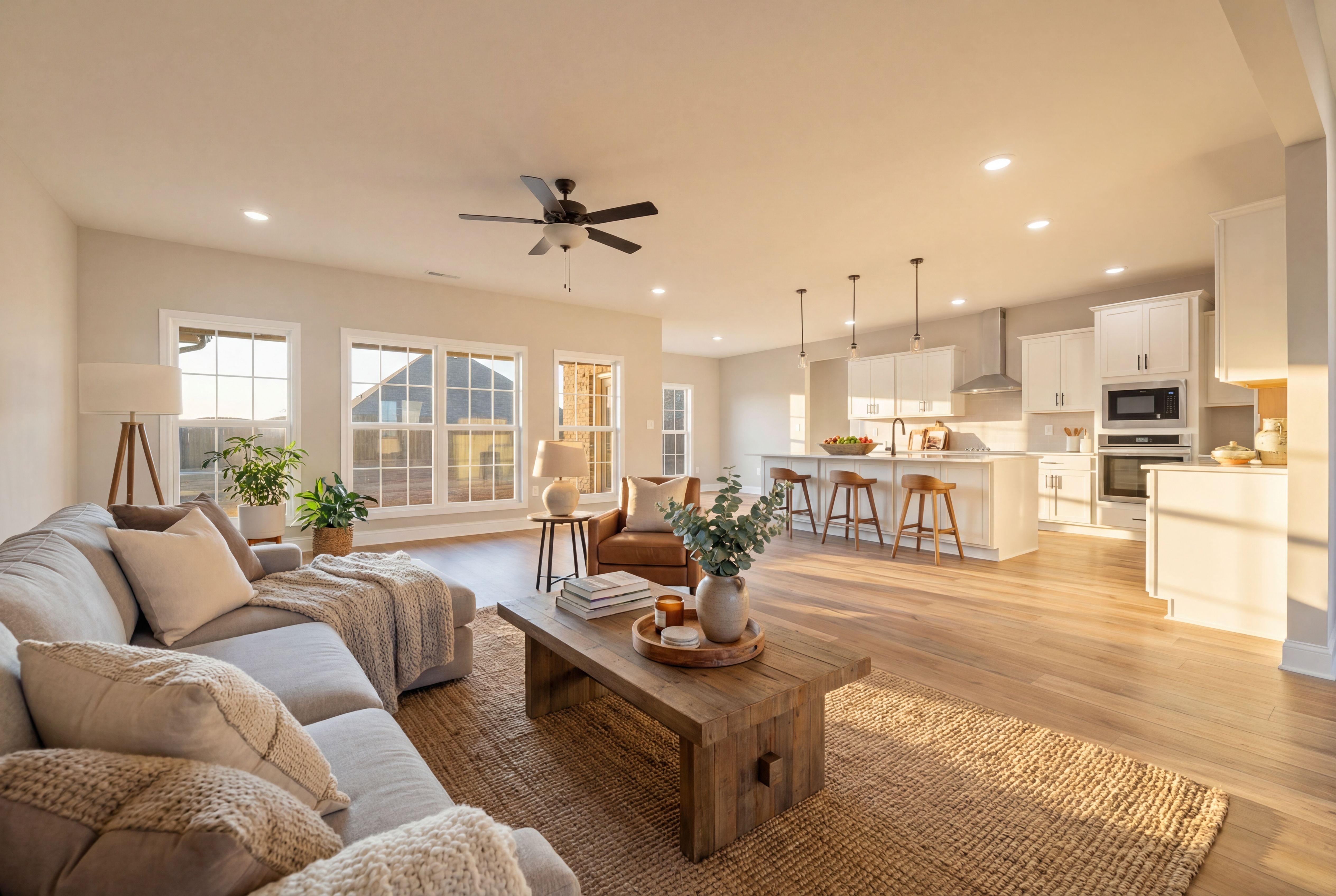 Open-concept living room and kitchen in The Valencia Davidson Homes design, featuring white cabinetry, bar island, sectional sofa, hardwood floors, and large windows