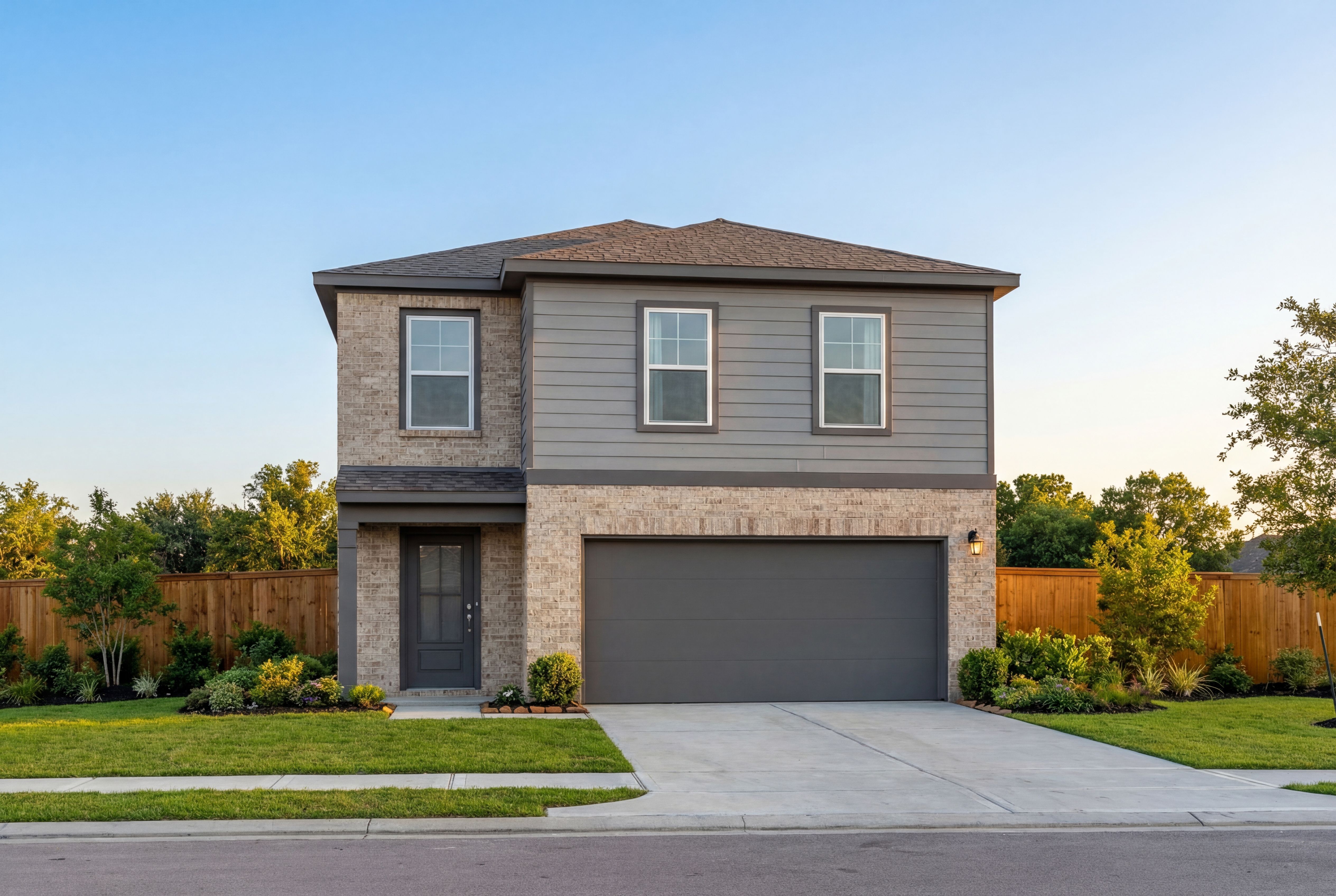 Two-story Brazos F home elevation in Magnolia TX with brick and gray siding, two-car garage, landscaped yard
