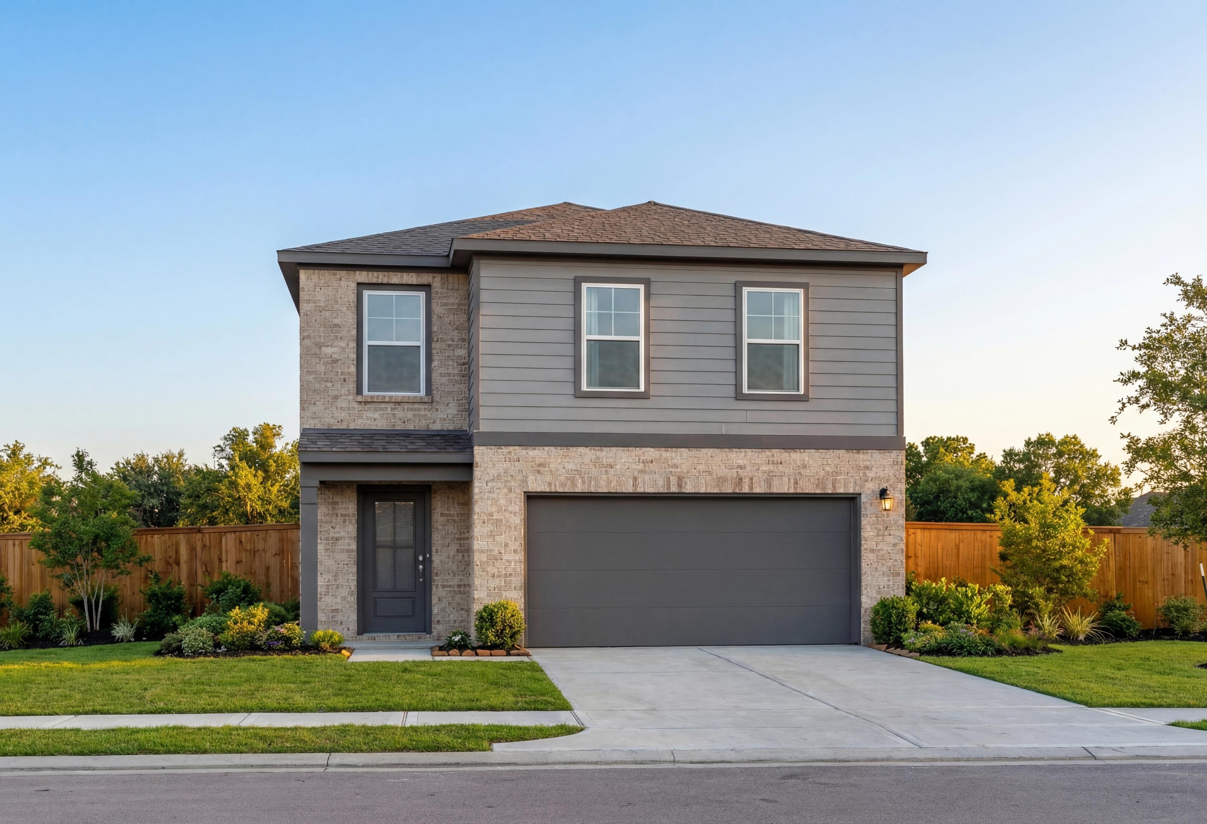 Two-story Brazos F home elevation in Magnolia TX with brick and gray siding, two-car garage, landscaped yard