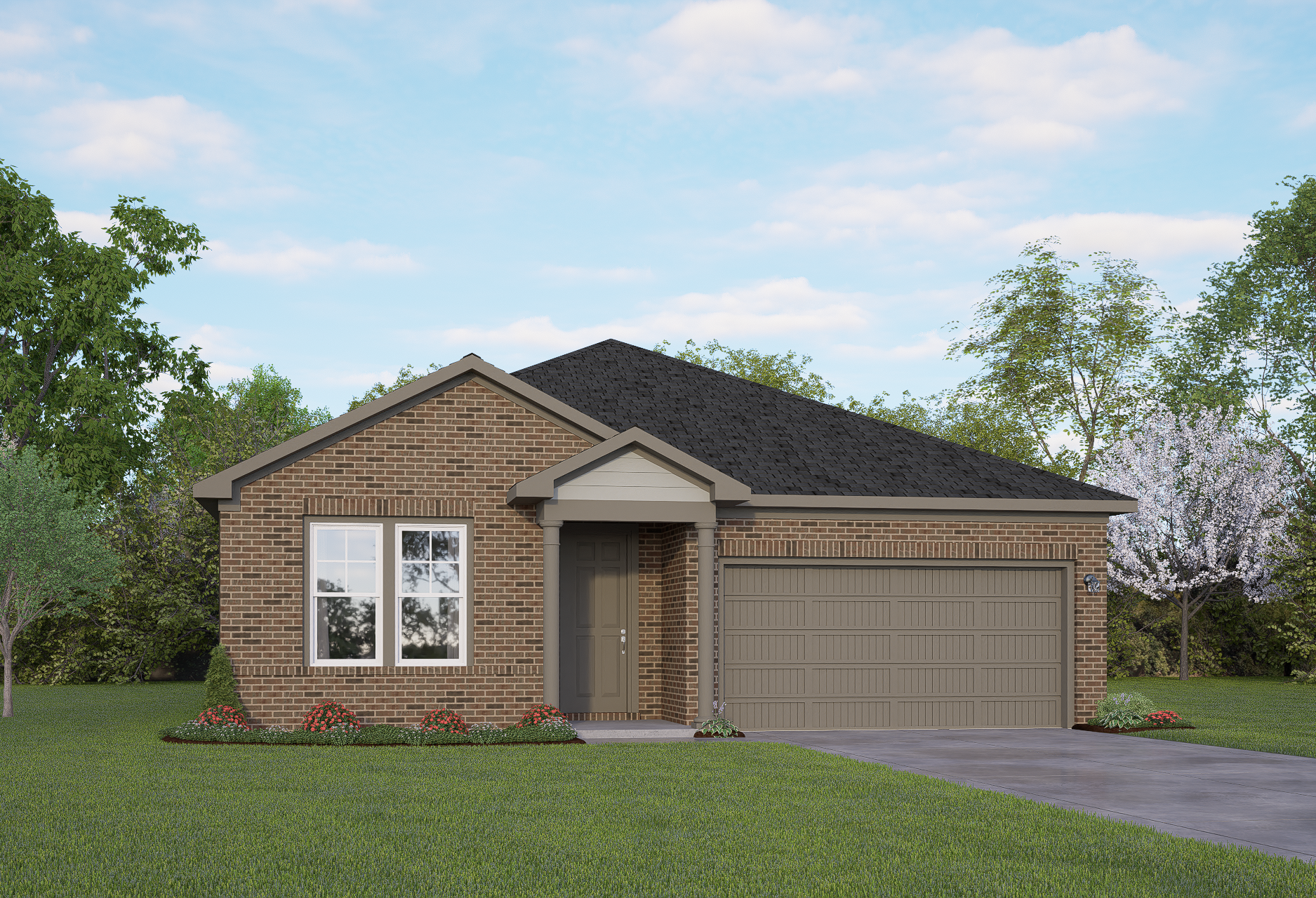 Brick single-story elevation of The Daphne I home with 2-car garage, front porch, and lush landscaping in San Antonio