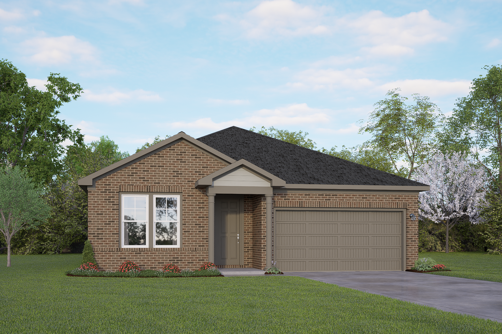 Brick single-story elevation of The Daphne I home with 2-car garage, front porch, and lush landscaping in San Antonio