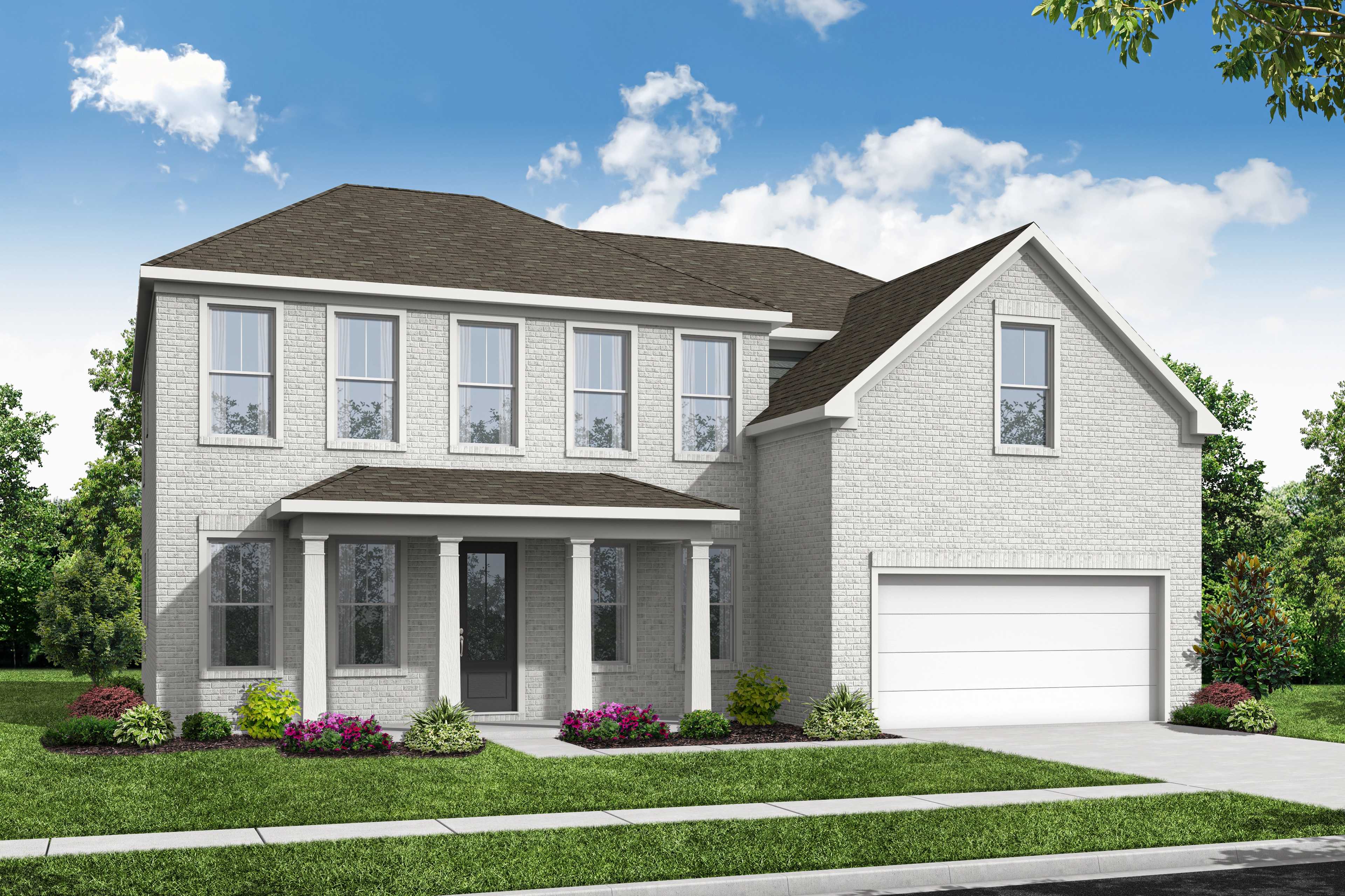 Two-story white brick elevation of The Danbury E showcasing gabled roof, columned porch, and two-car garage in Buford, GA