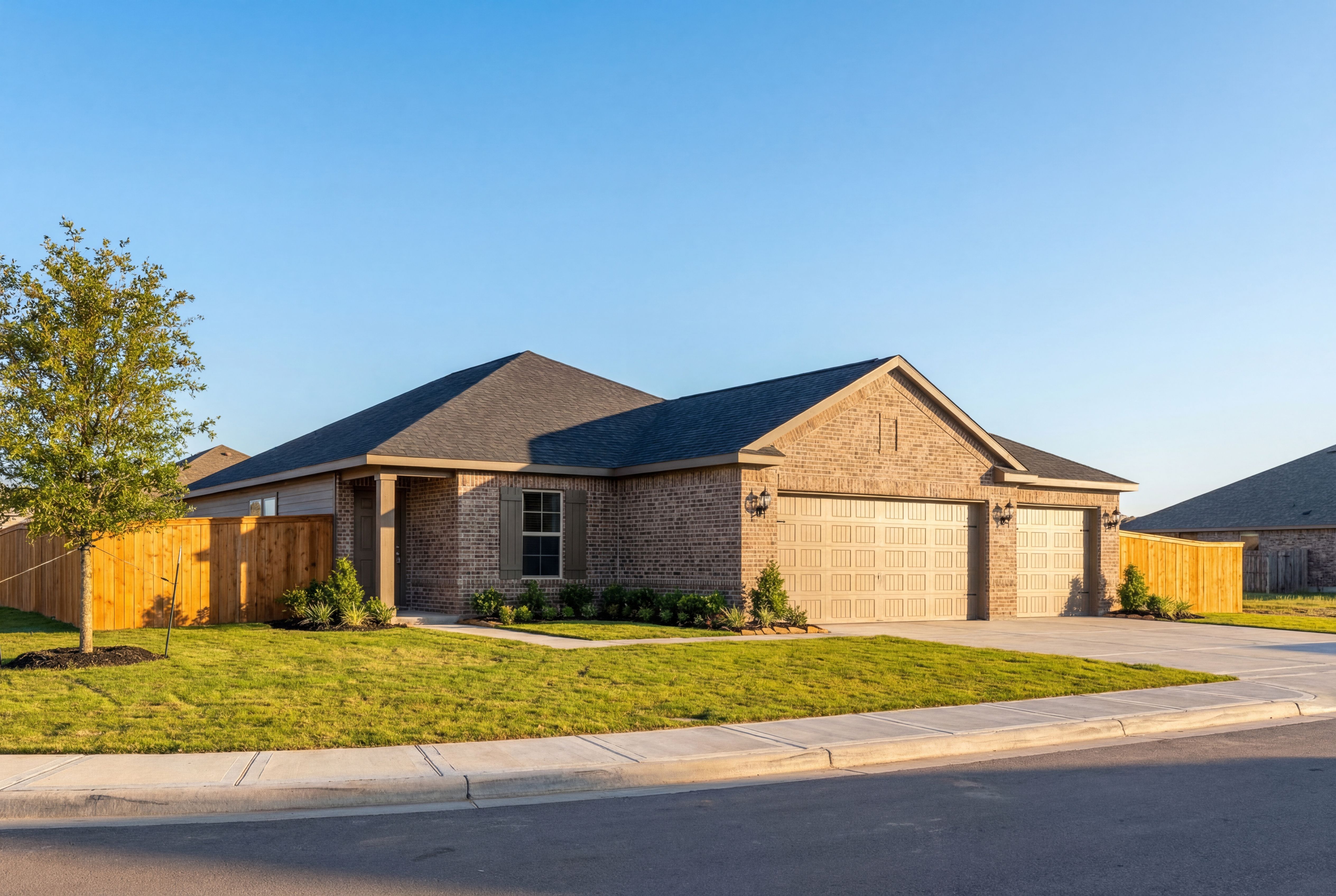 Modern single-story brick home The Costa A with 3-car garage, front porch, landscaping and fence in Dayton Texas