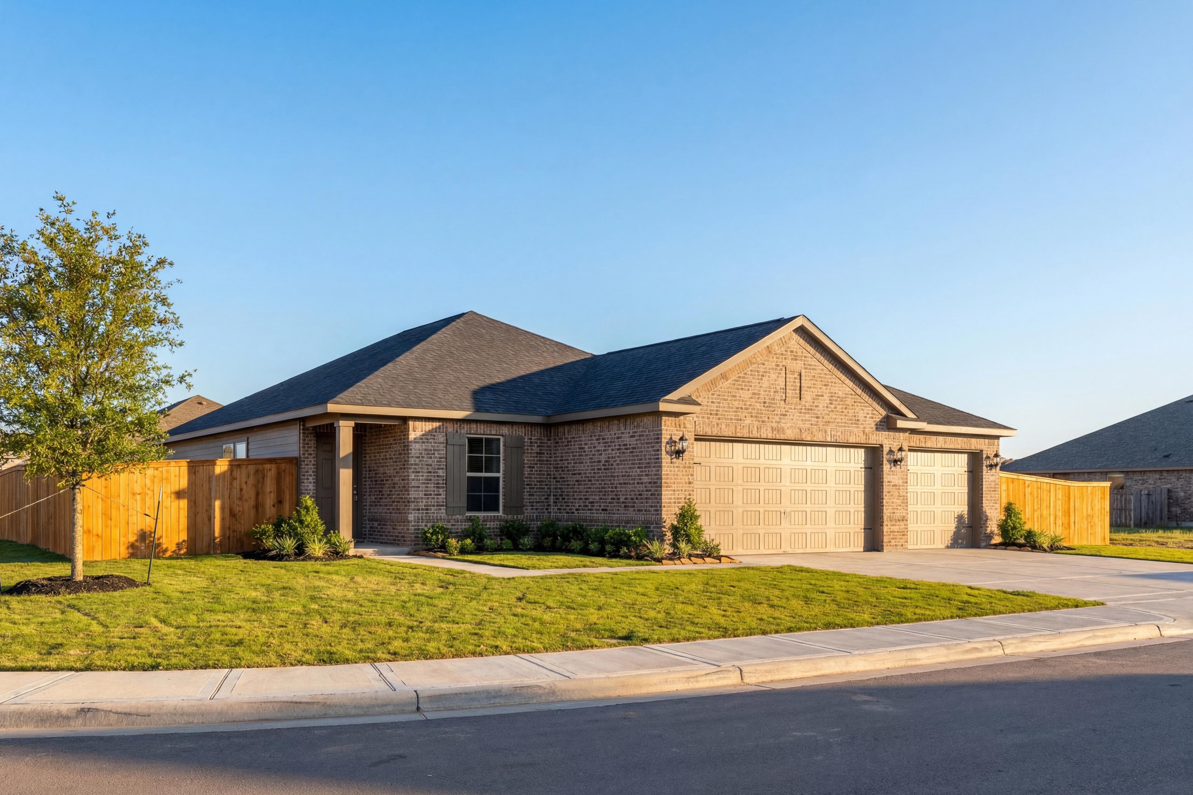 Modern single-story brick home The Costa A with 3-car garage, front porch, landscaping and fence in Dayton Texas
