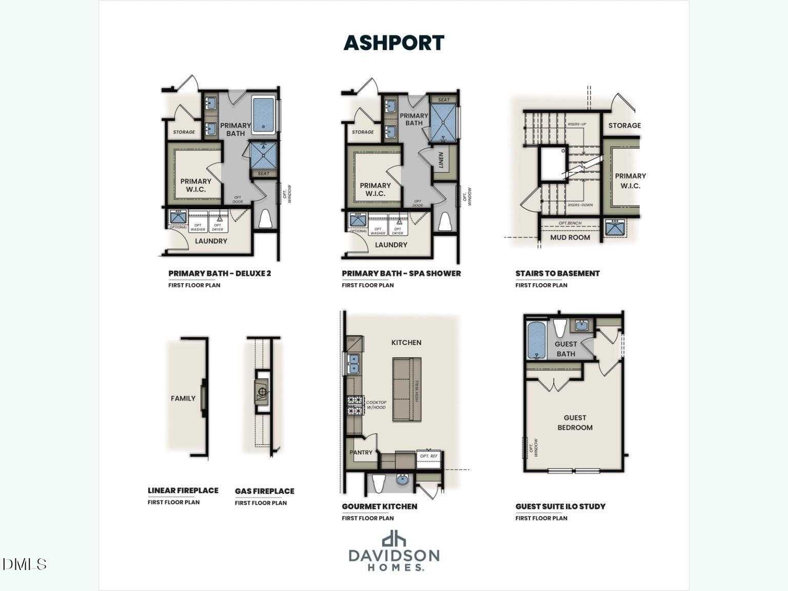 Detailed Ashport L floor plan with 4 bedrooms, 3.5 baths, kitchen, and family room in Davidson Homes, Wake Forest, NC