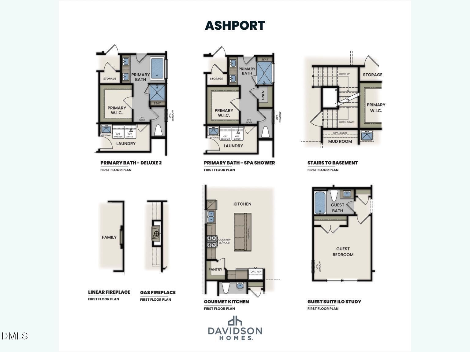 Detailed Ashport L floor plan with 4 bedrooms, 3.5 baths, kitchen, and family room in Davidson Homes, Wake Forest, NC