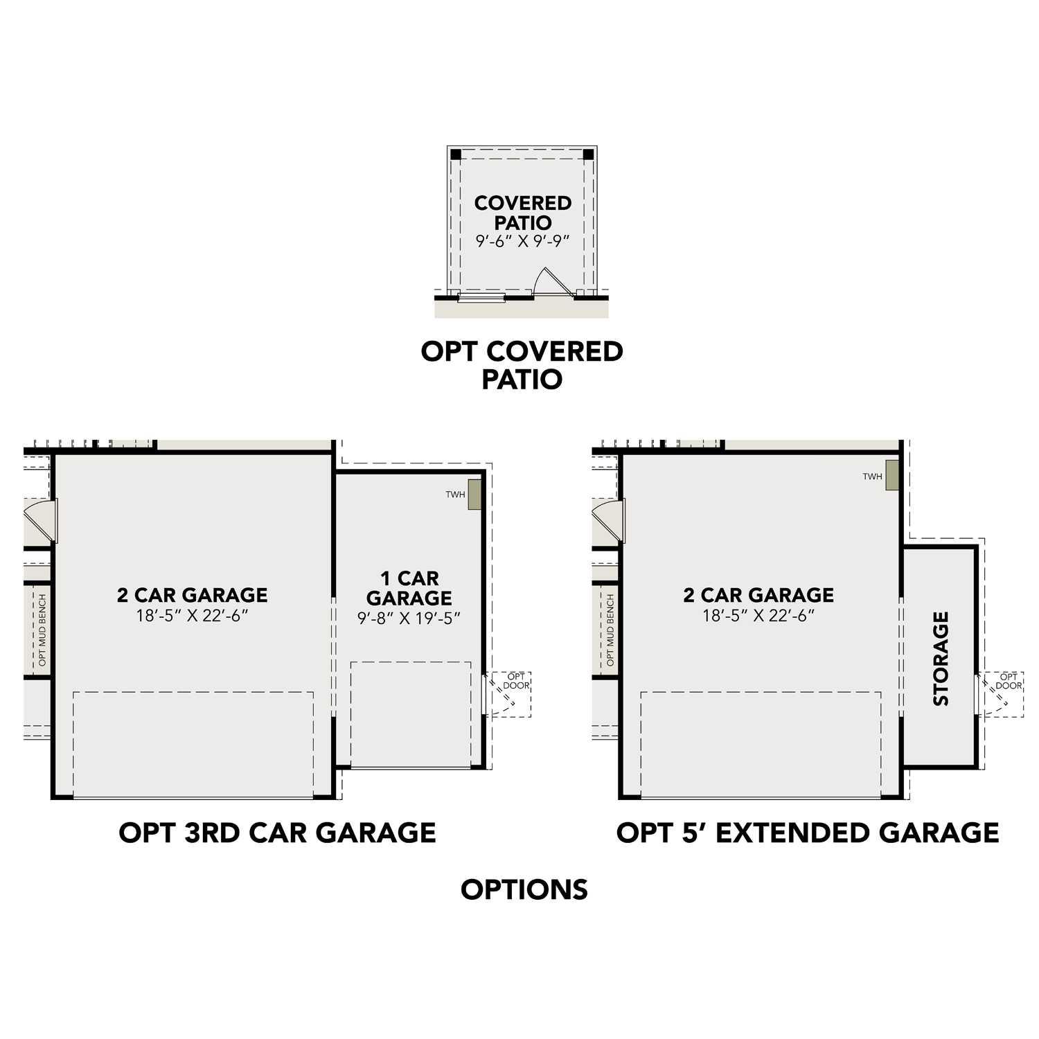 The San Marcos home garage options: 2-car layout with optional 3rd car extension, 5' extended garage, storage, and covered patio