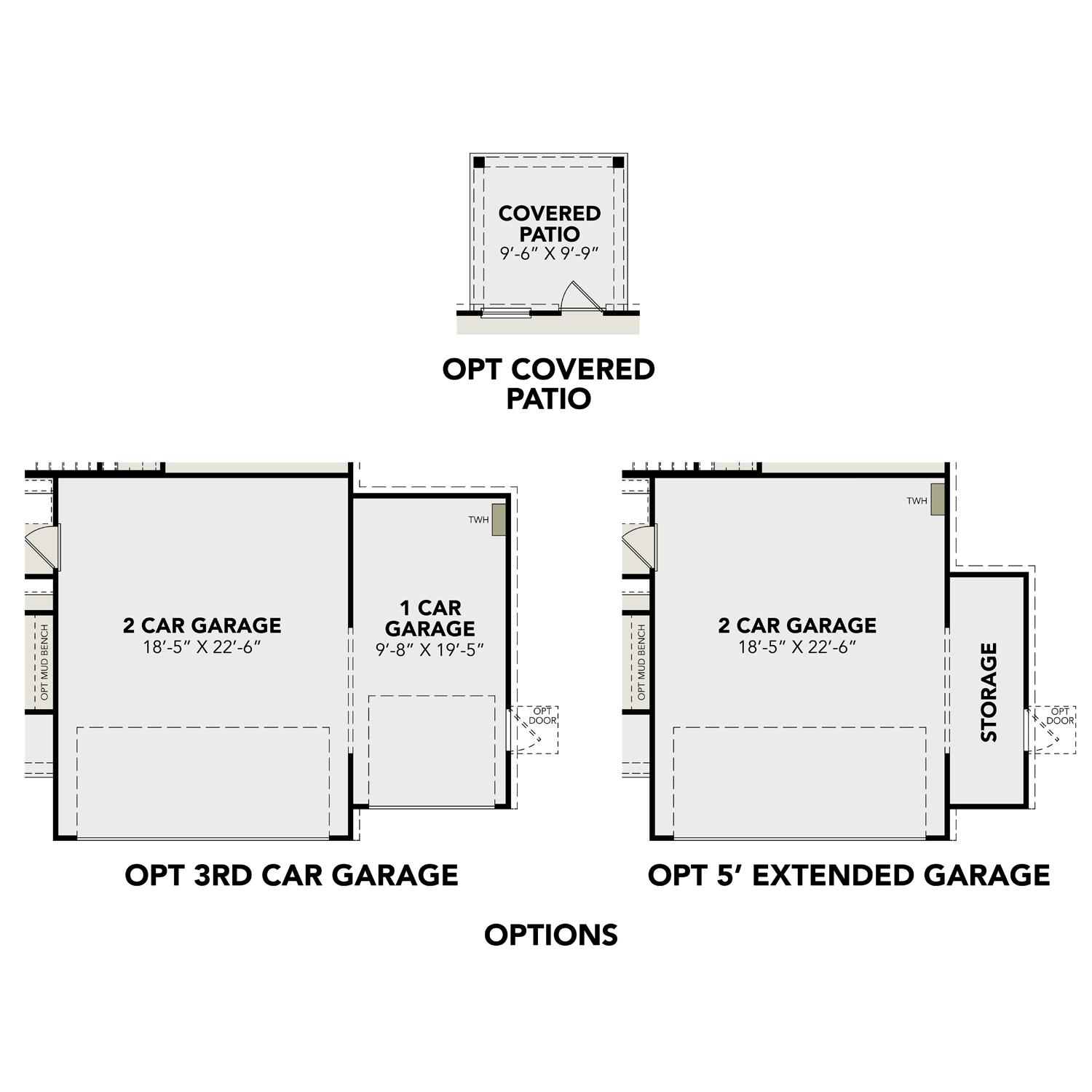 Garage and patio options for The San Marcos home: 2-car garage with covered patio, opt 3rd car, and 5' extended garage layouts