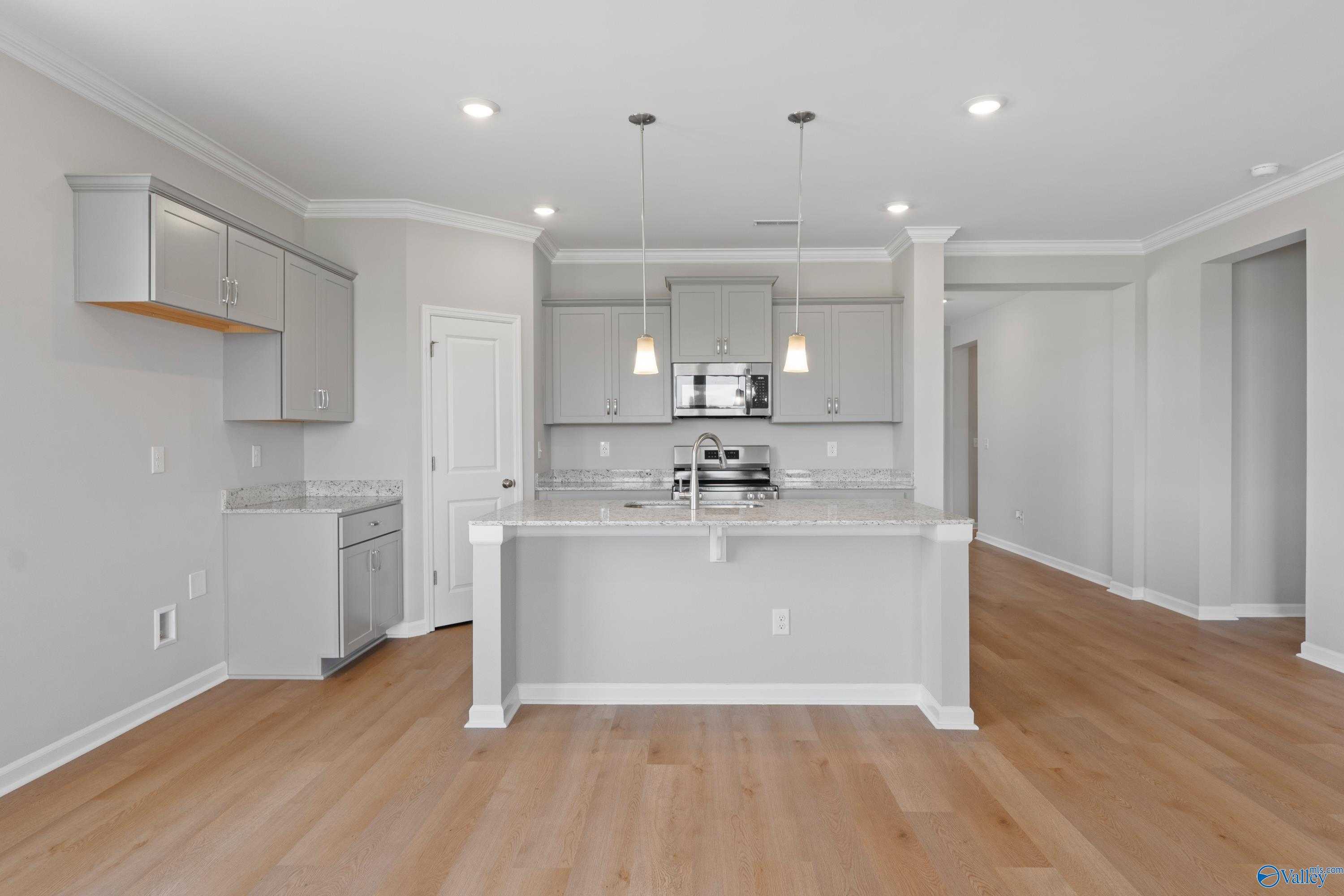 Modern open-concept kitchen with white cabinets, large island sink, and stainless appliances in Davidson Homes The Orion, Athens AL