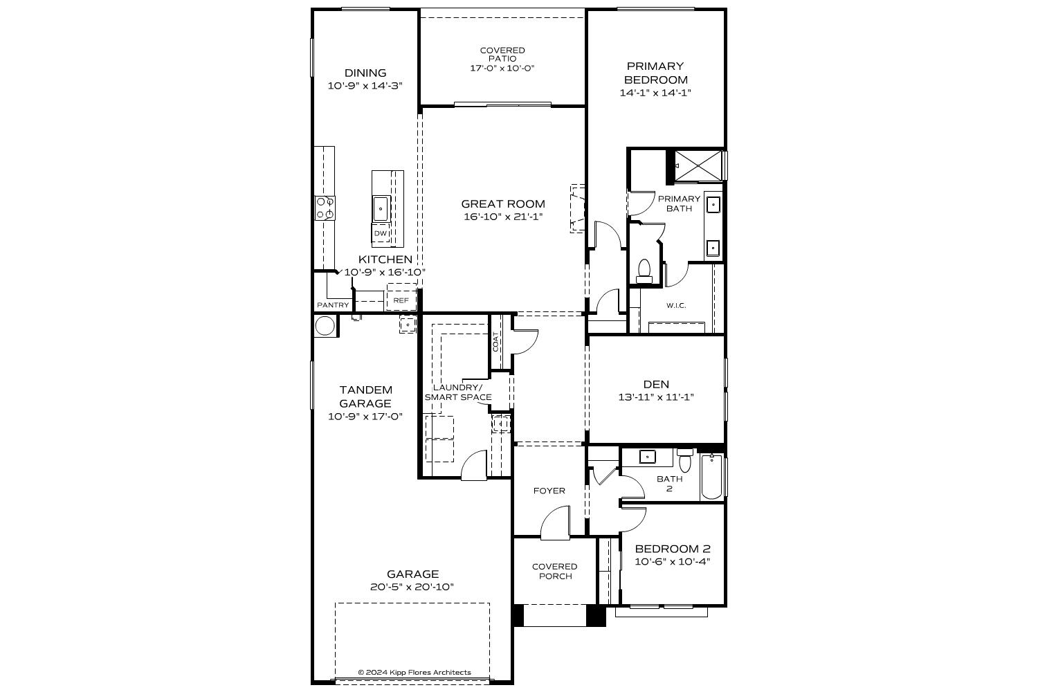 Sheridan II first-floor plan with open great room, gourmet kitchen, primary suite, den, and tandem two-car garage in Prescott AZ home