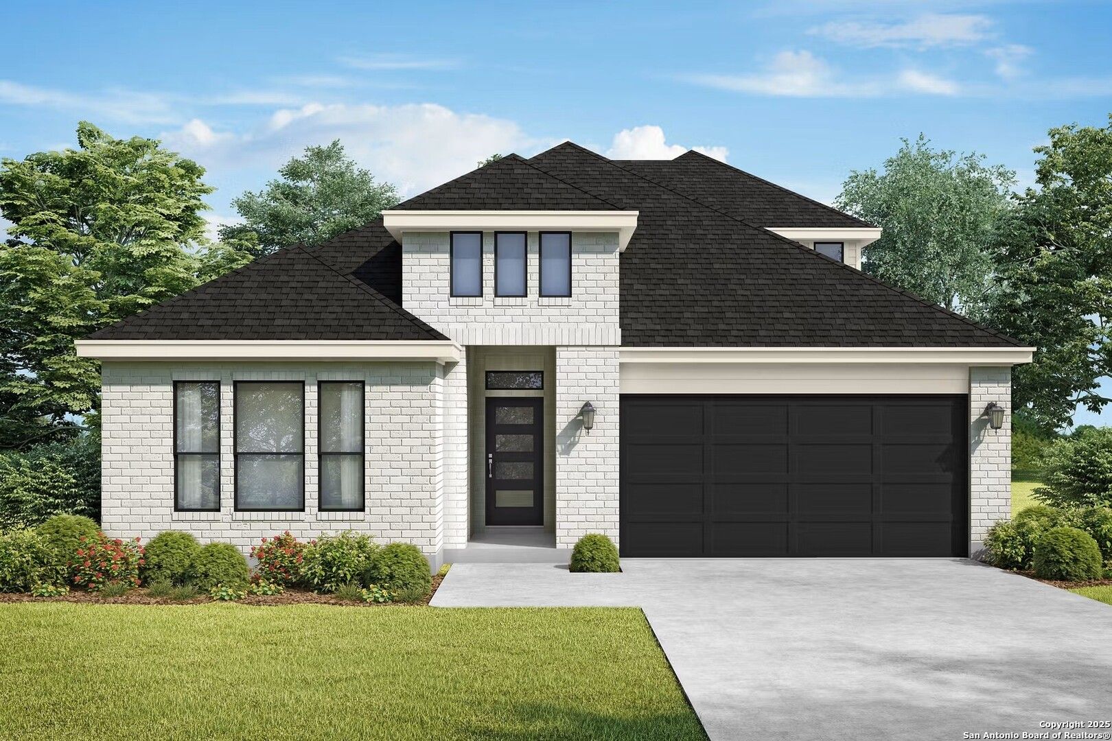 Modern white brick 1-story home with black roof, large windows, 2-car garage, and landscaped yard in Hannah Heights, Seguin, Texas