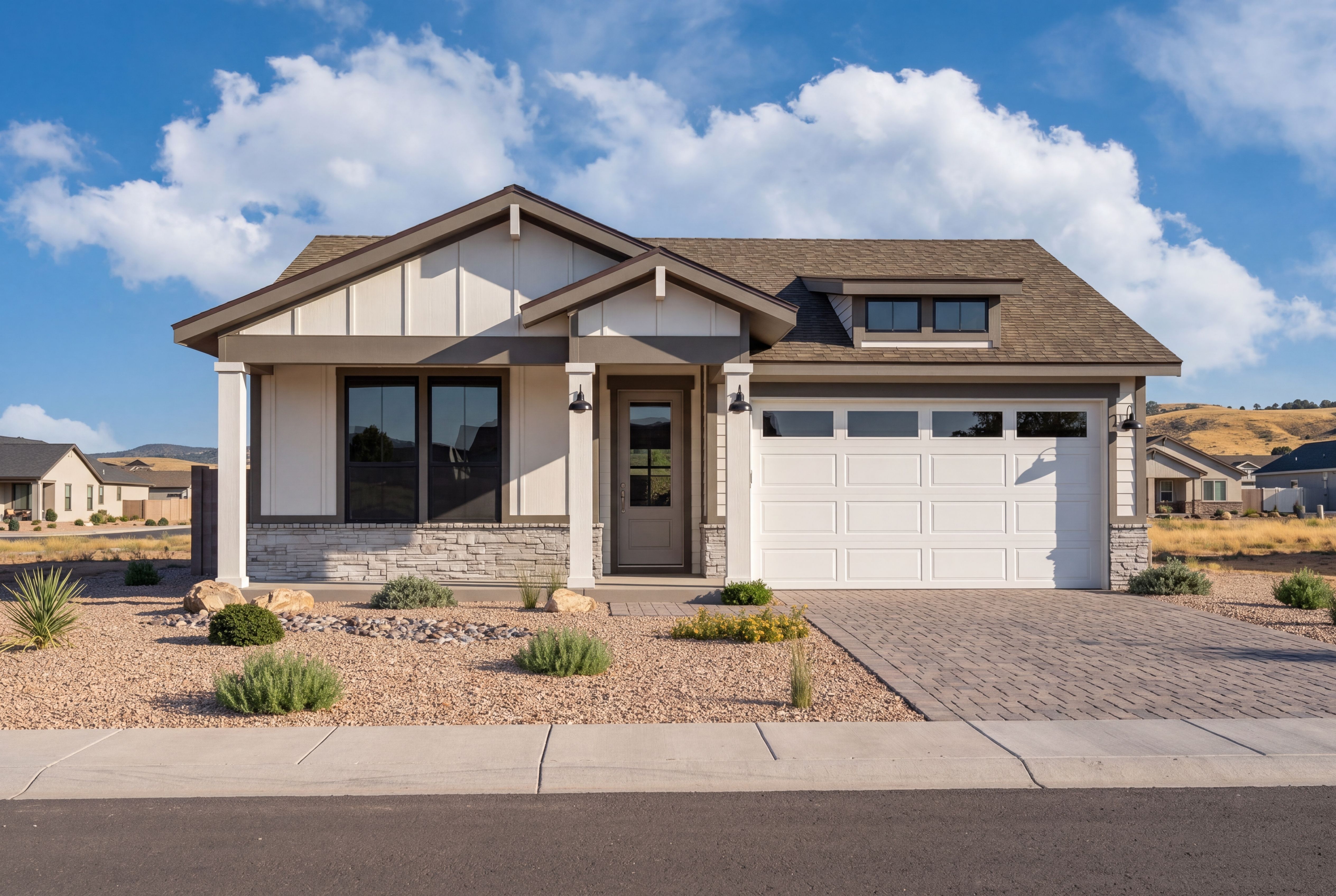 Modern exterior elevation of The Boulder II G single-family home in Prescott, featuring stone accents and a 3-car garage.