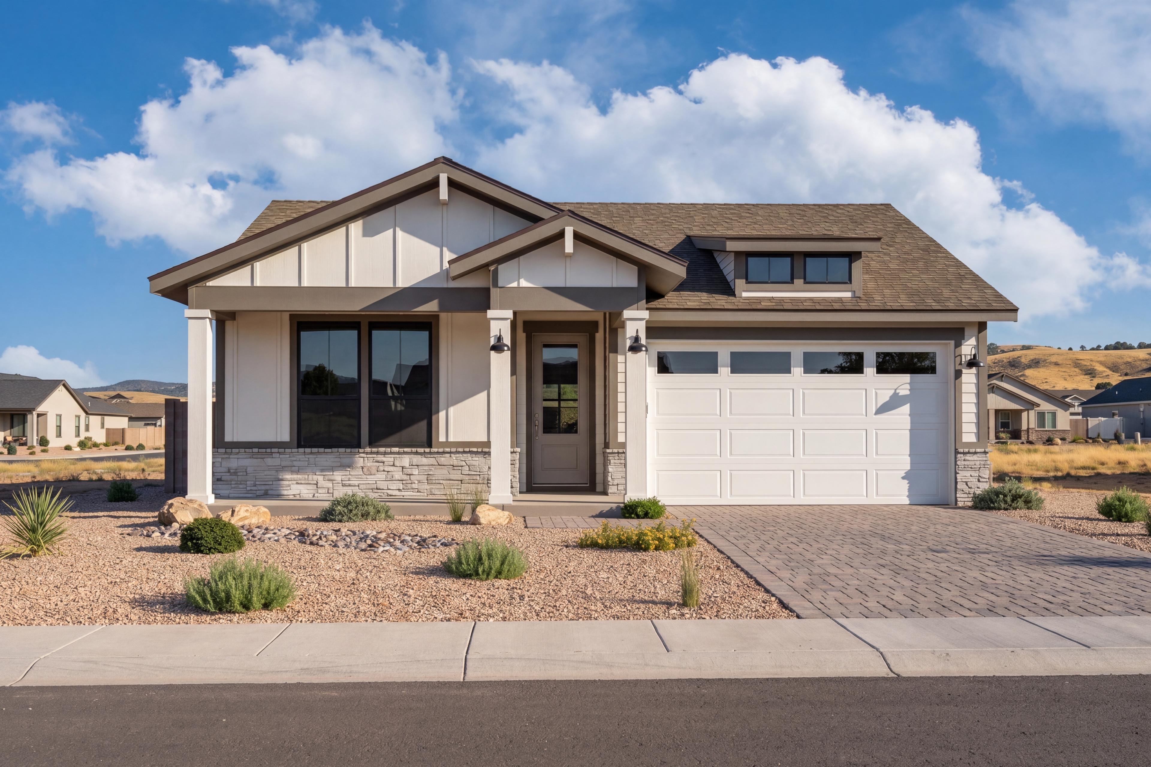 Modern exterior elevation of The Boulder II G single-family home in Prescott, featuring stone accents and a 3-car garage.